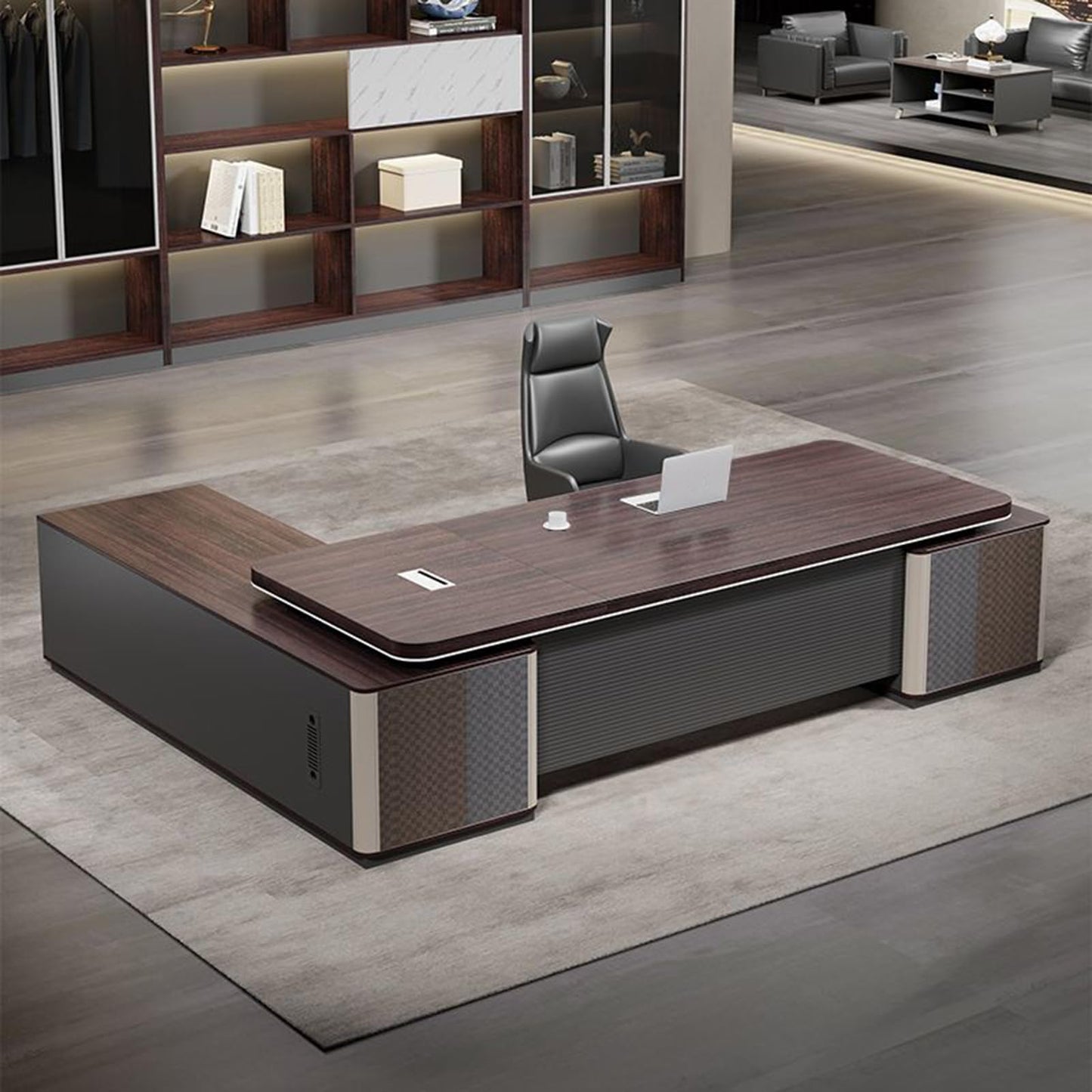LSIGHTUS L Shaped Office Desk with Storage Cabinet, Luxury Wood Computer Desk with File Drawers and Cable Management, Gaming Table Business Furniture Set Workstation for CEO Boss Manager