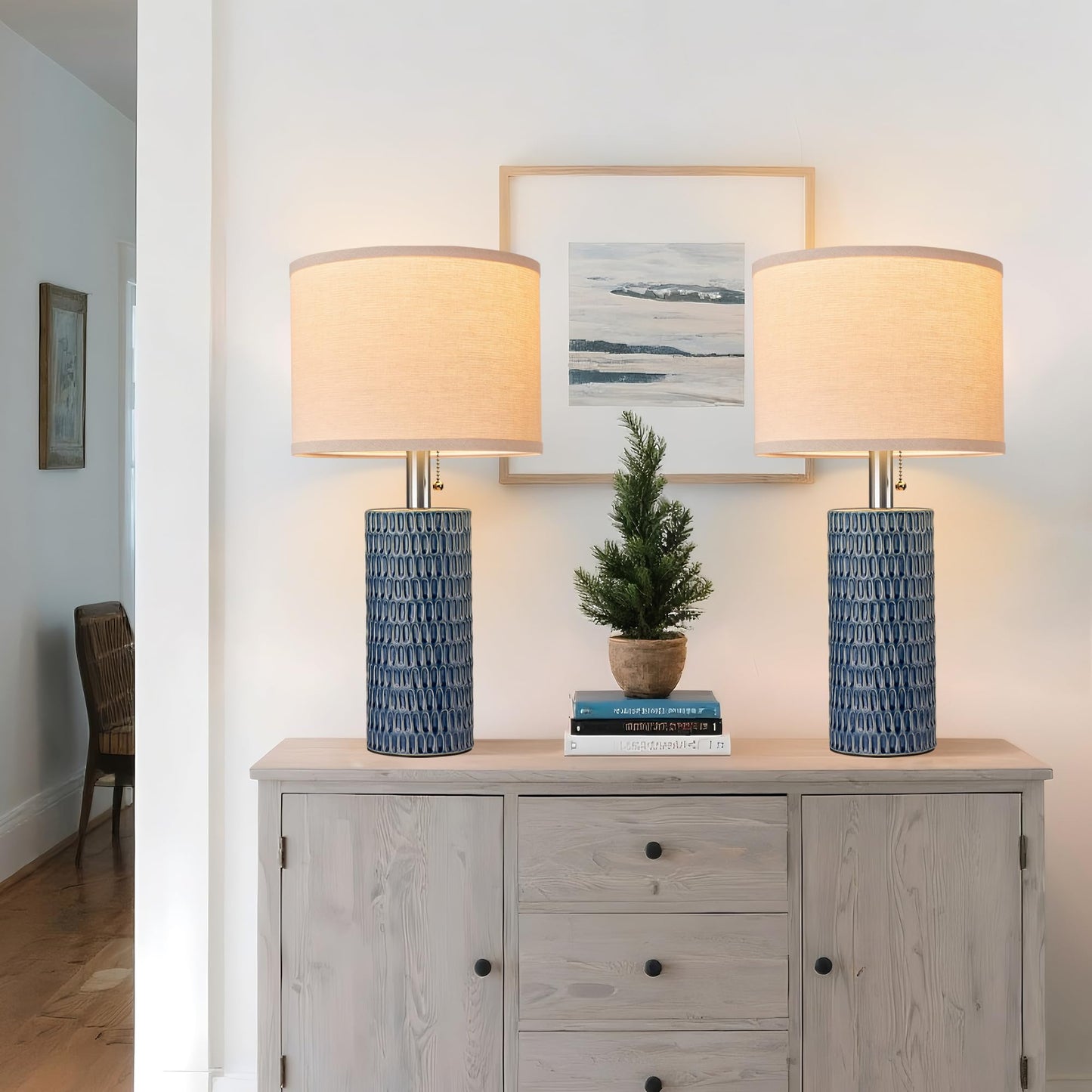 Reaketon 20.5" Modern Ceramic Table Lamps for Bedroom Set of 2, Bedside Lamps for Night Stands with Beige Lampshade, Farmhouse Table Lamp for Living Room Office Dorm, Blue