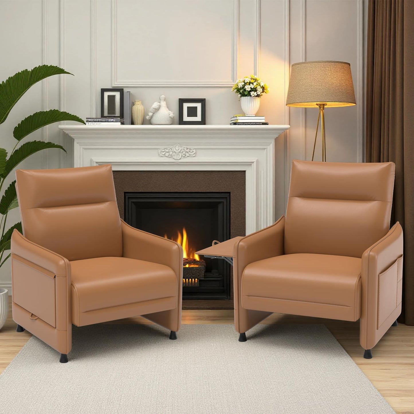Tbillionnext Upholstered Accent Sofa, Modern Faux Leather Chair with Hidden Foldable Tray & Side Pocket, Rear Contour Arm Design, Small Accent Sofa for Bedroom, Brown
