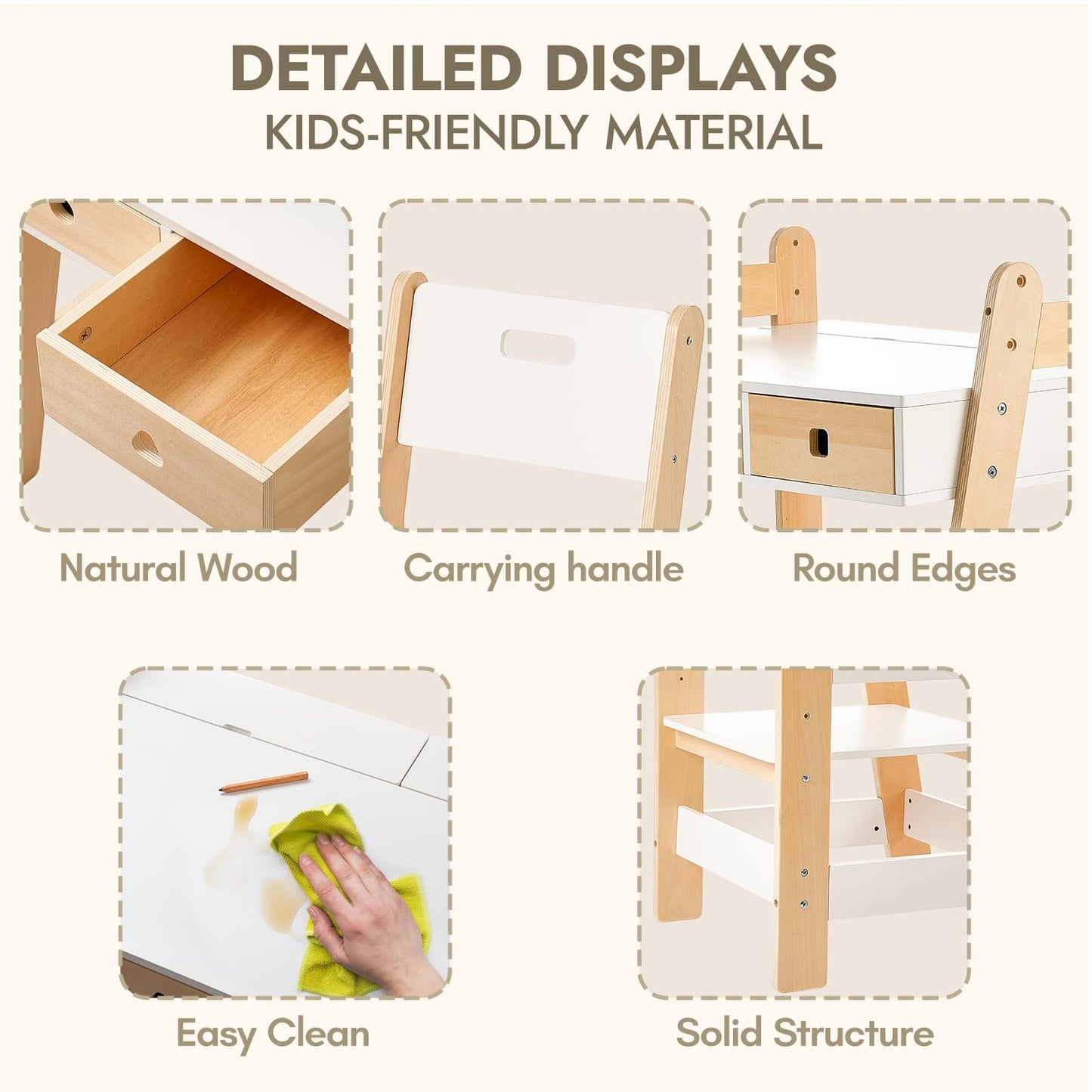 Giant bean Kids Wooden Table and Chair Set, Study Desk and Chair Set with Storage Drawer, White Learning Table with Cabinets for Boys and Girls Ages 3-12 Years,Suitable for Classroom,Home,Playroom
