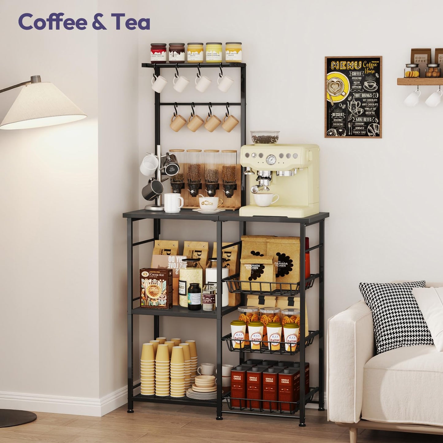 SWTYMIKI Bakers Rack with Storage - Coffee Bar Cabinet with Shelves, Coffee Station Organizer and Kitchen Stand with 8 Hooks, Baskets, Adjustable Feet for Kitchen Dining Room Pantry, Black