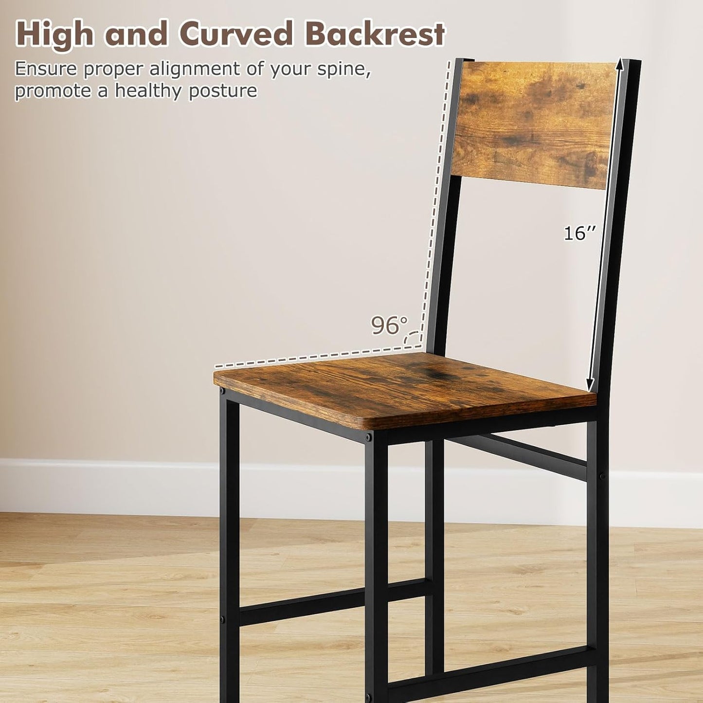 COSTWAY Dining Chairs Set of 4, Rustic Wood & Metal Frame Industrial Farmhouse Armless Side Chairs with Wide Comfy Seat & Slanted High Back for Dining Room, Kitchen, Home, Restaurant
