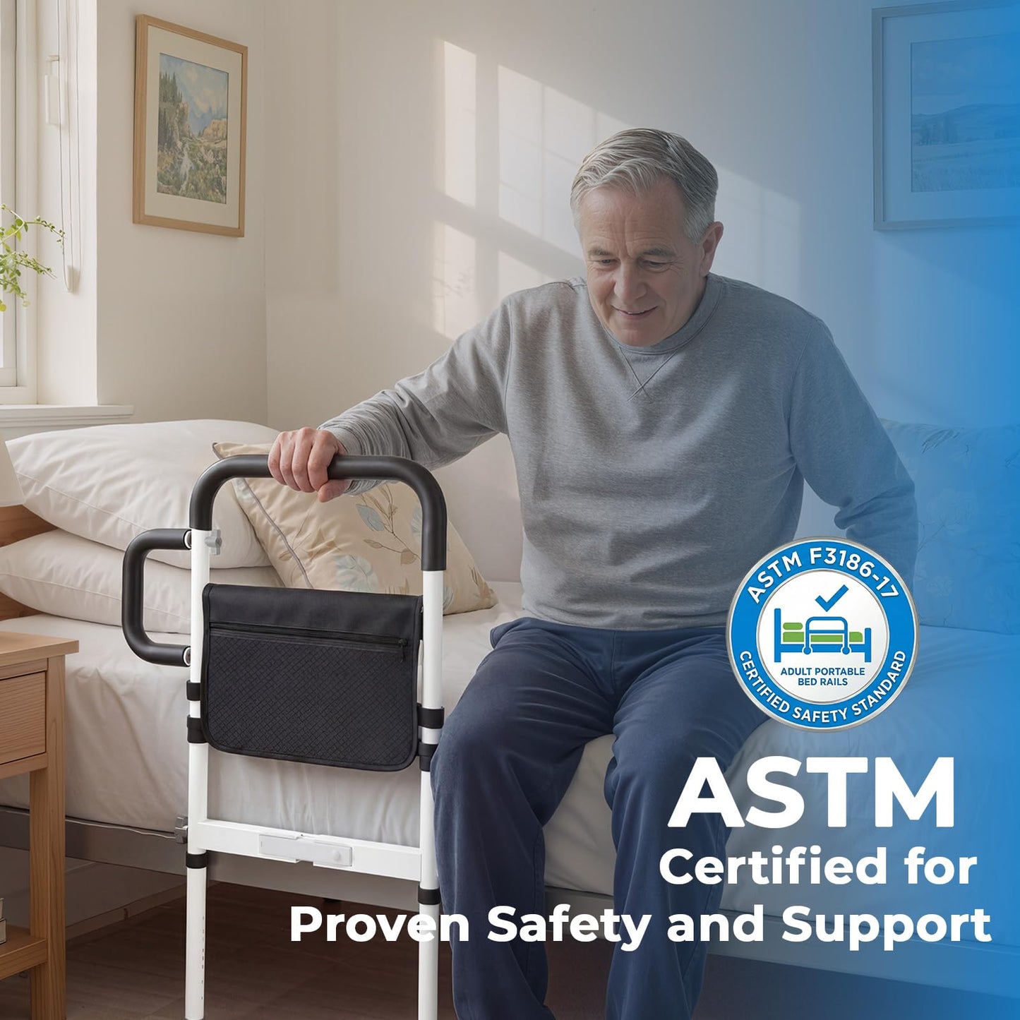 Bed Rails for Elderly Adults Safety, ASTM Certified Bed Rail for Seniors with Motion Sensor Light, Non-Slip Handle & Storage Bag, Height Adjustable Bed Assist Bar with 400LBS Support, Dark Black