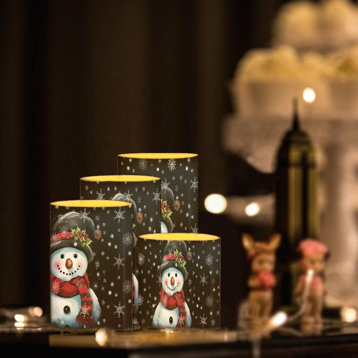 NETILGEN Christmas Day 4 Pcs Flameless Candles Battery Powered with Multicolor Lights Timer Remote Control LED Candles Cartoon Snowman Print