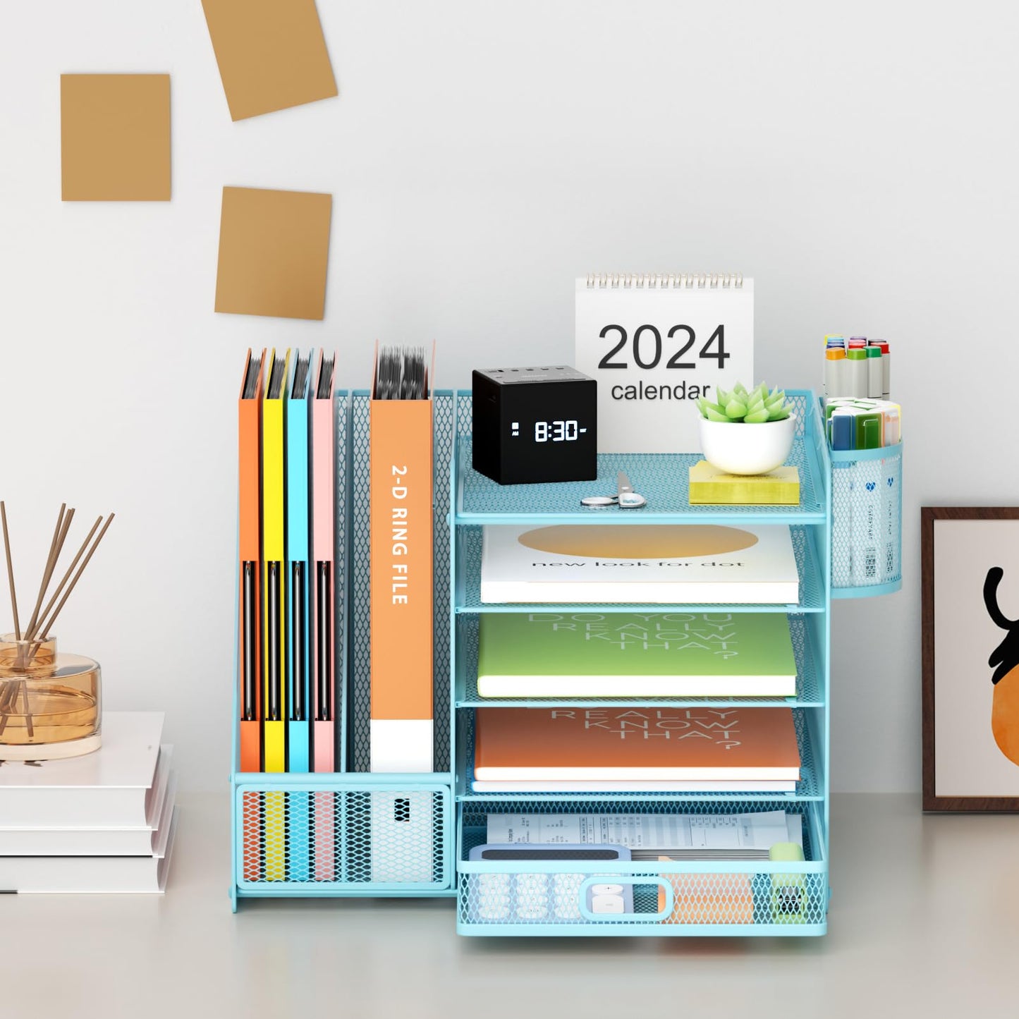Marbrasse Desk Organizer with File Holder, 5-Tier Paper Letter Tray Organizer with Drawer and 2 Pen Holder, Mesh Desktop Organizer and Storage with Magazine Holder for Office Supplies(Blue)