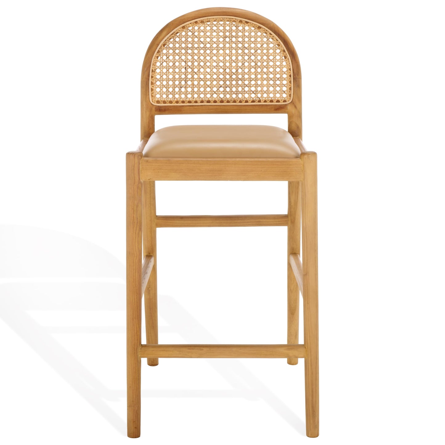 SAFAVIEH Couture Collection Laylie Tan/Natural Leather Solid Wood Rattan 26-inch Seat Height Kitchen Island Breakfast Nook Counter Stool (Fully Assembled)