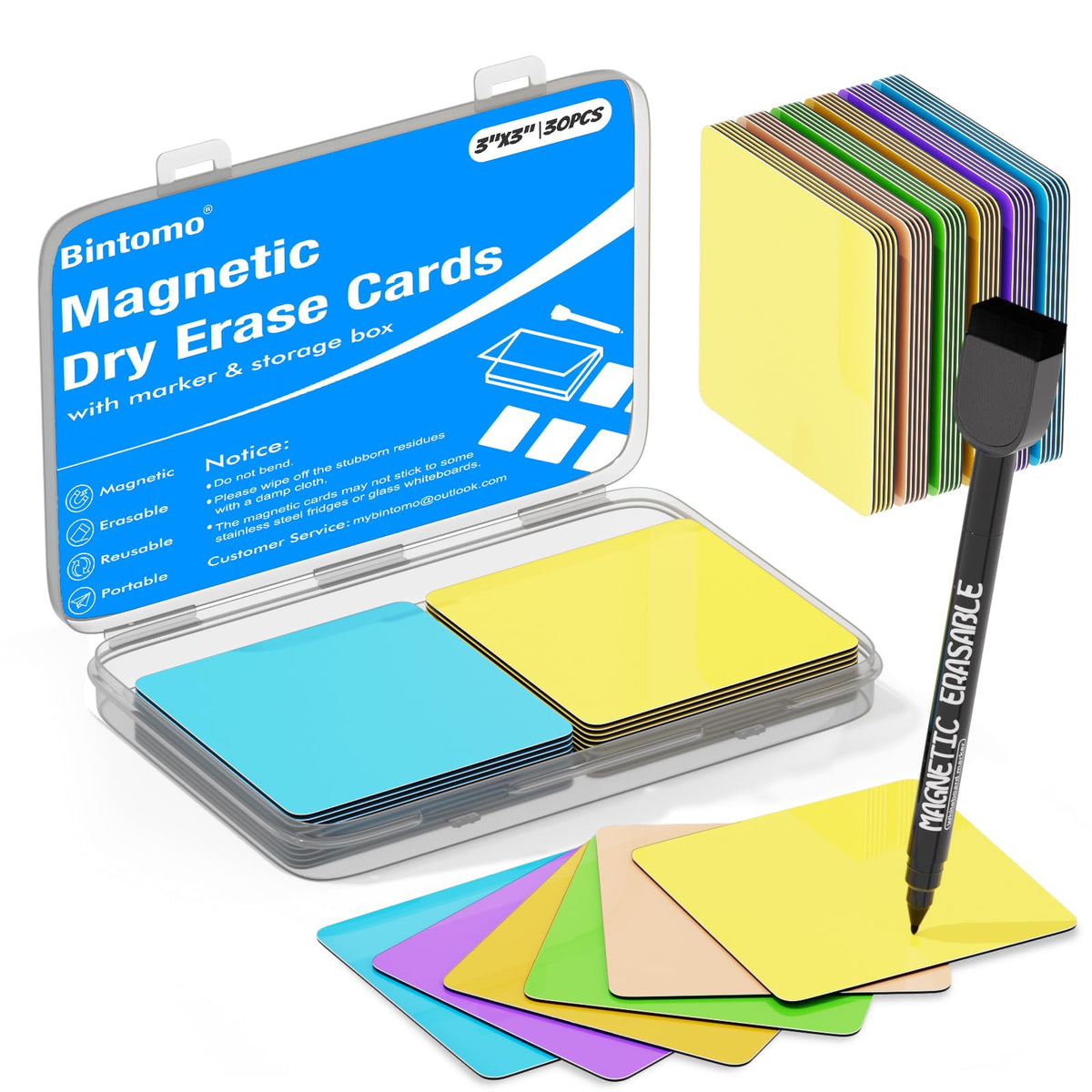 Bintomo Reusable Magnetic Sticky Notes: 30PCS 3"x3" Dry Erase Magnets Labels for Whiteboard, Fridge, Locker - Cute Erasable Post Sticker with Marker for Classroom Office Home White Board Accessories
