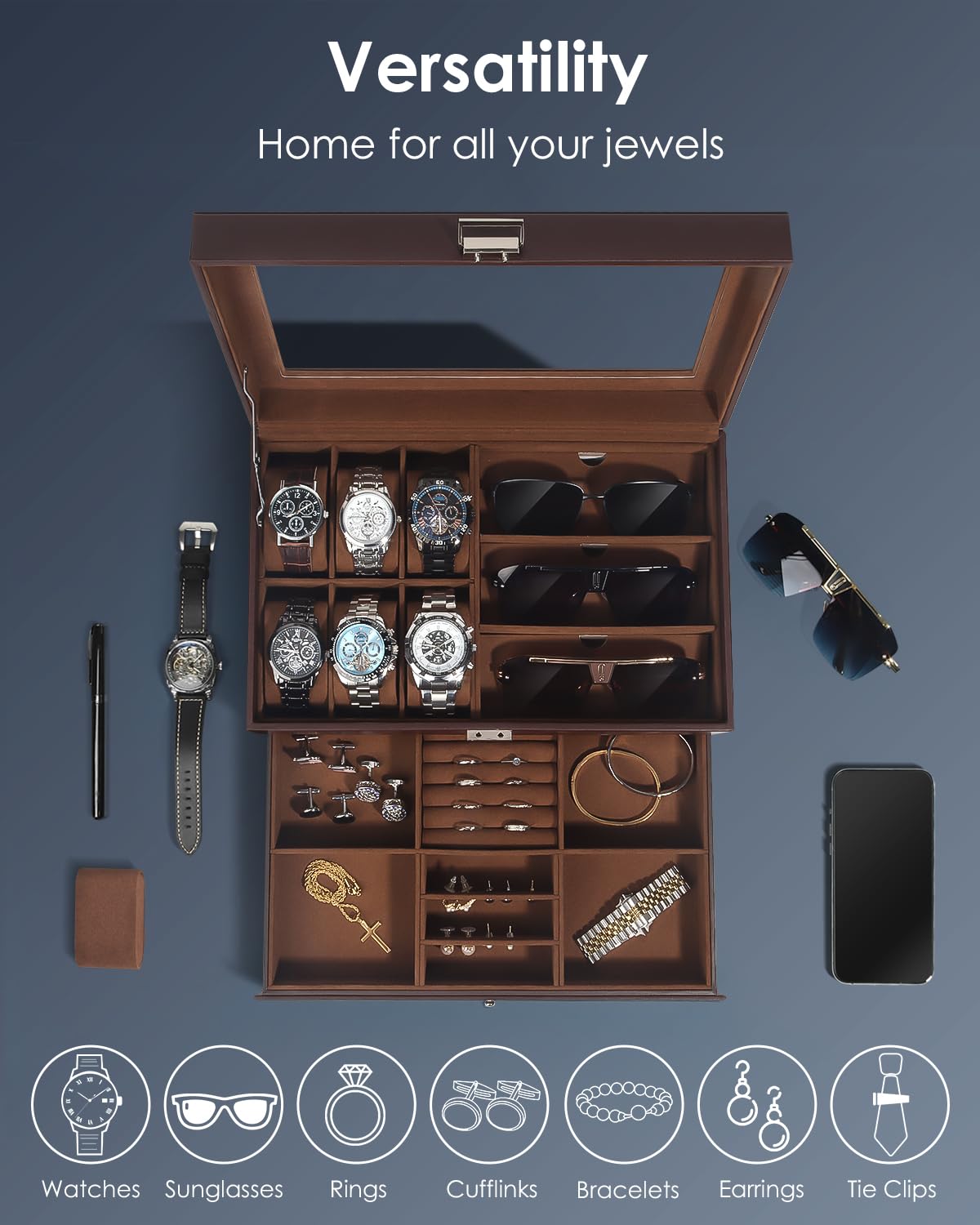 Kukikan Watch Jewelry Box Organizer, 6-Slot 2-Layer Watch Case and Sunglasses Storage with Large Glass Lid, Men's Jewelry Box with Lock, Watch Holder Display Case, Fathers Day Gift for Dad
