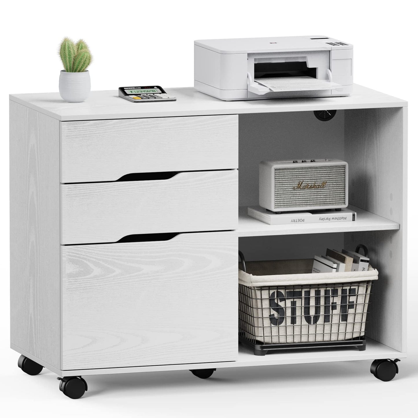 UOCFYK File Cabinet with 3 Drawers, Mobile Lateral Filing Cabinet with Open Storage Shelves for Home Office Under Desk Storage, White