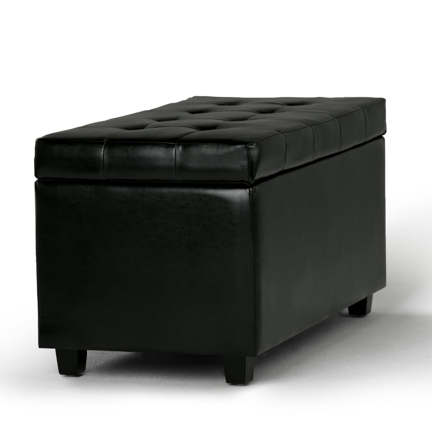SIMPLIHOME Cosmopolitan Storage Ottoman - 34 inch Wide Upholstered Vegan Leather Rectangle Storage Ottoman Bench in Midnight Black, Transitional Tufted Ottoman for Living Room with Lift-Up Lid