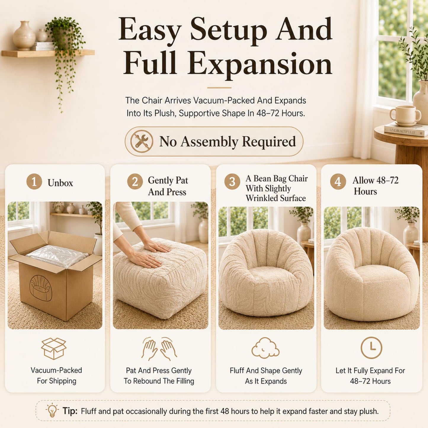 Giant Bean Bag Chair, Oversized Bean Bag Couch with Armrests for Adults, Cozy Faux Fur Shell-Shaped Lazy Sofa with High-Density Foam, Soft Comfy Floor Lounger Chair for Reading & Gaming, Beige
