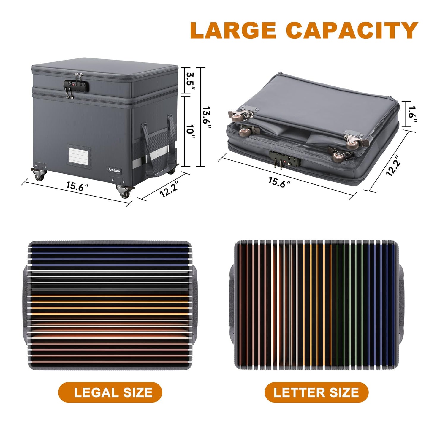 DocSafe Fireproof Document Box with Lock,2-Layer File Box with Wheels,Collapsible File Storage Organizer with Pockets,Large Portable Office Filing Cabinet for Hanging Folders,Gray,16''x13.8''x12.2''