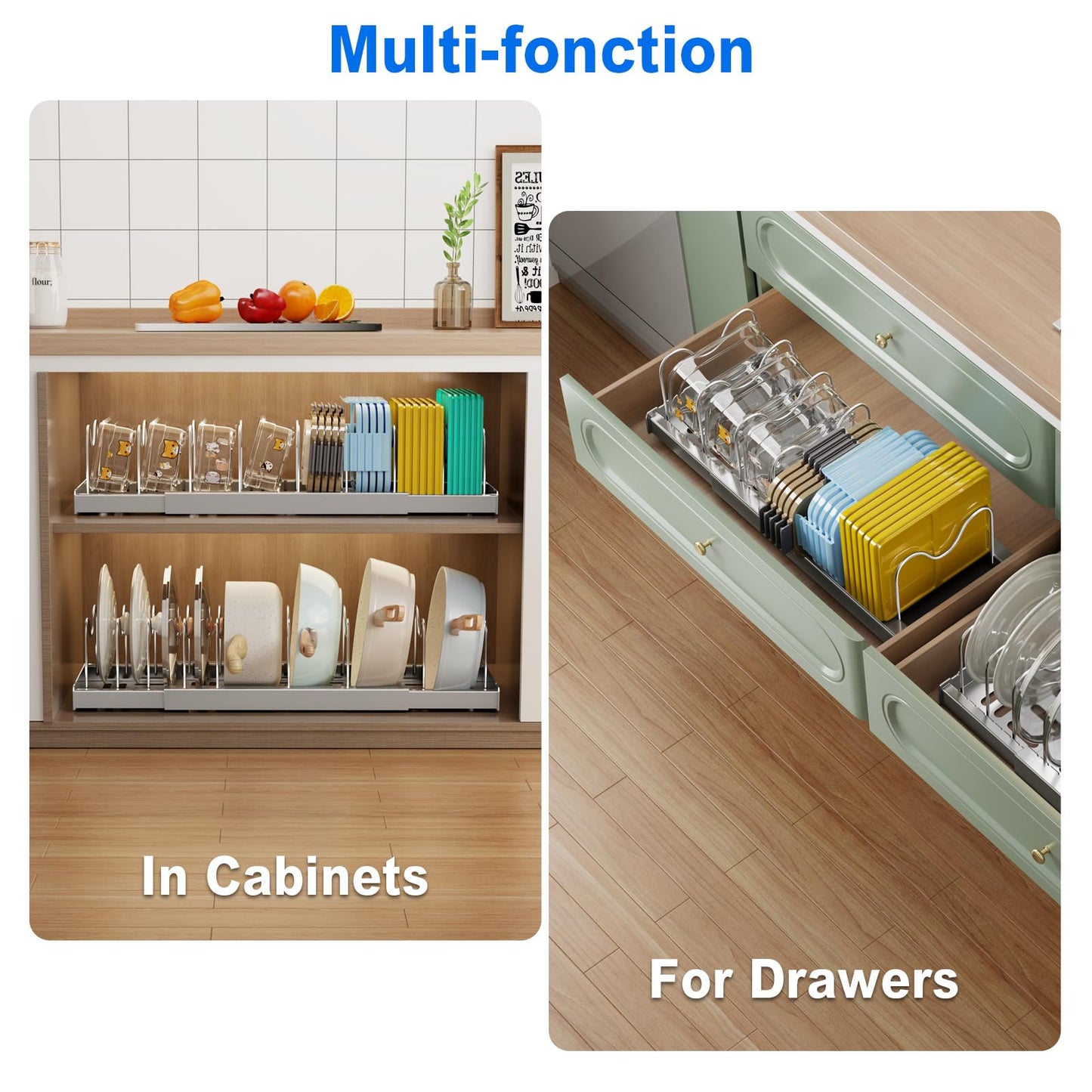 Mustorn 2 Pack Pots and Pans Organizer Under Cabinet, 22" Expandable Food Storage Container Lid Organizers with 9 Adjustable Dividers Pot and Pan Lid Holders Rack Inside Cabinet/Countertop(Gray)