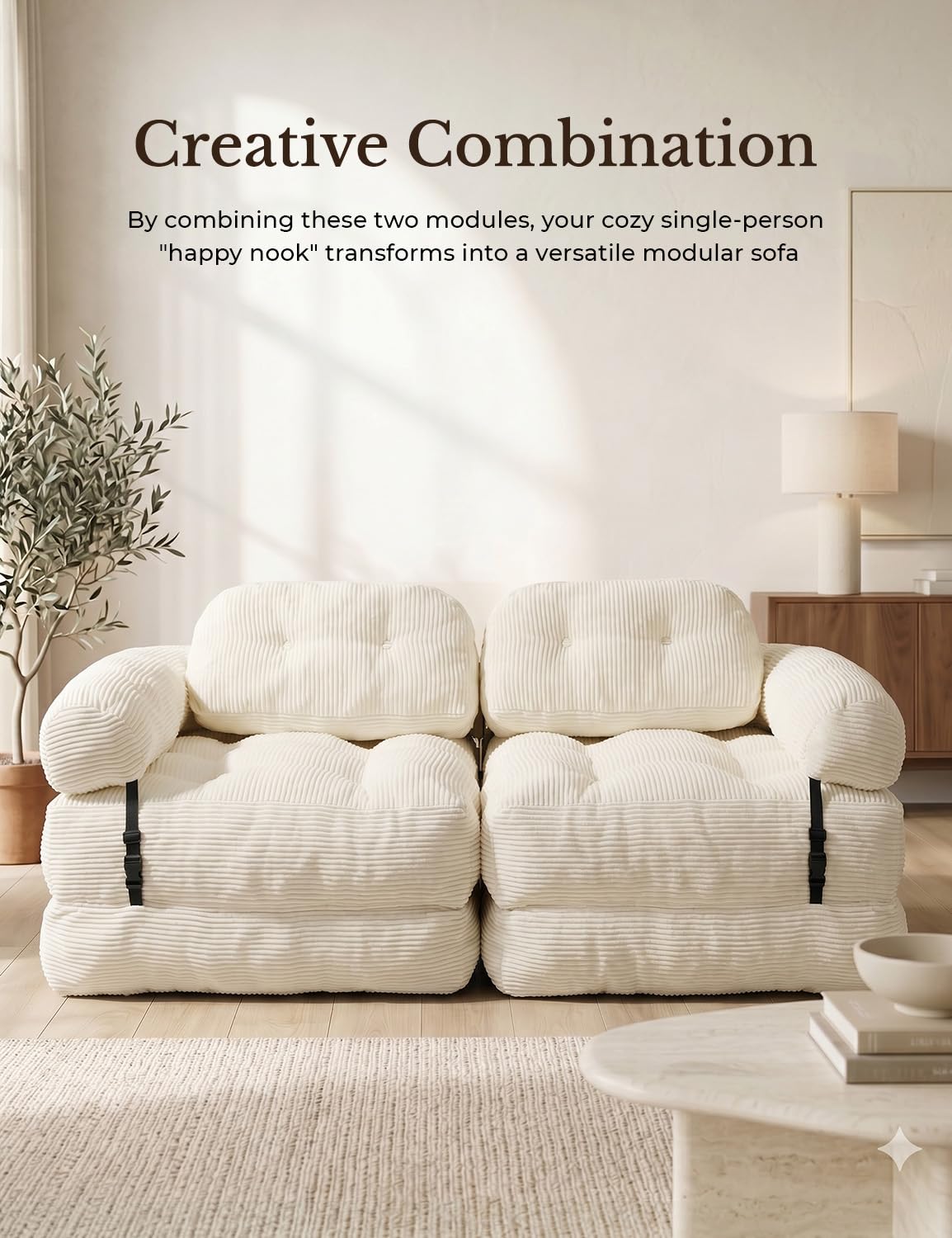 Vellorise Folding Sofa Bed, L-Shaped Couch Back Support and Arm Pillow Futon, Convertible Sofa Bed for Living Room/Guest Use/Home Office, Boneless Foldable Couch for Adults, White