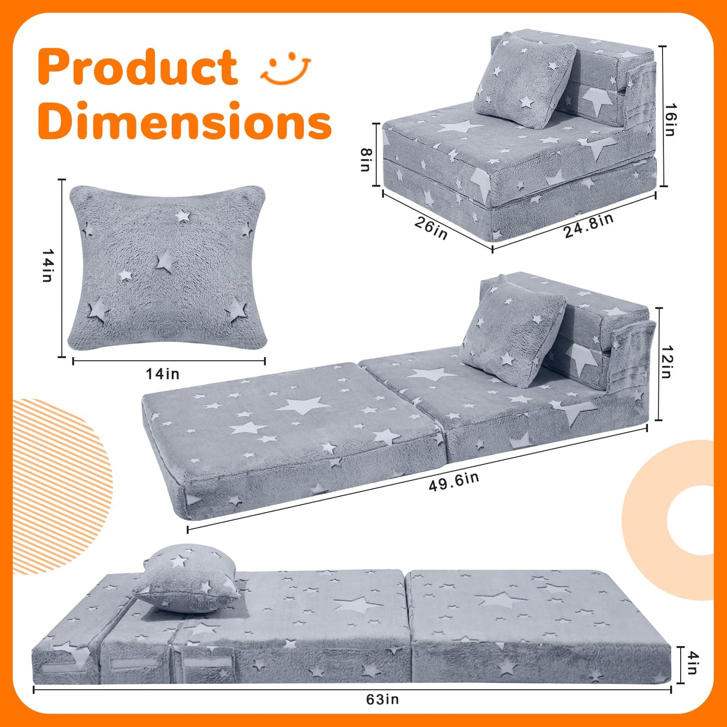 MeMoreCool Kids Tri-Fold Sofa Bed – Glow Star Floor Mattress & Foldable Futon Chair Convertible Toddler Couch | Soft Plush Lounge Mat | Playroom Furniture | Includes Pillow