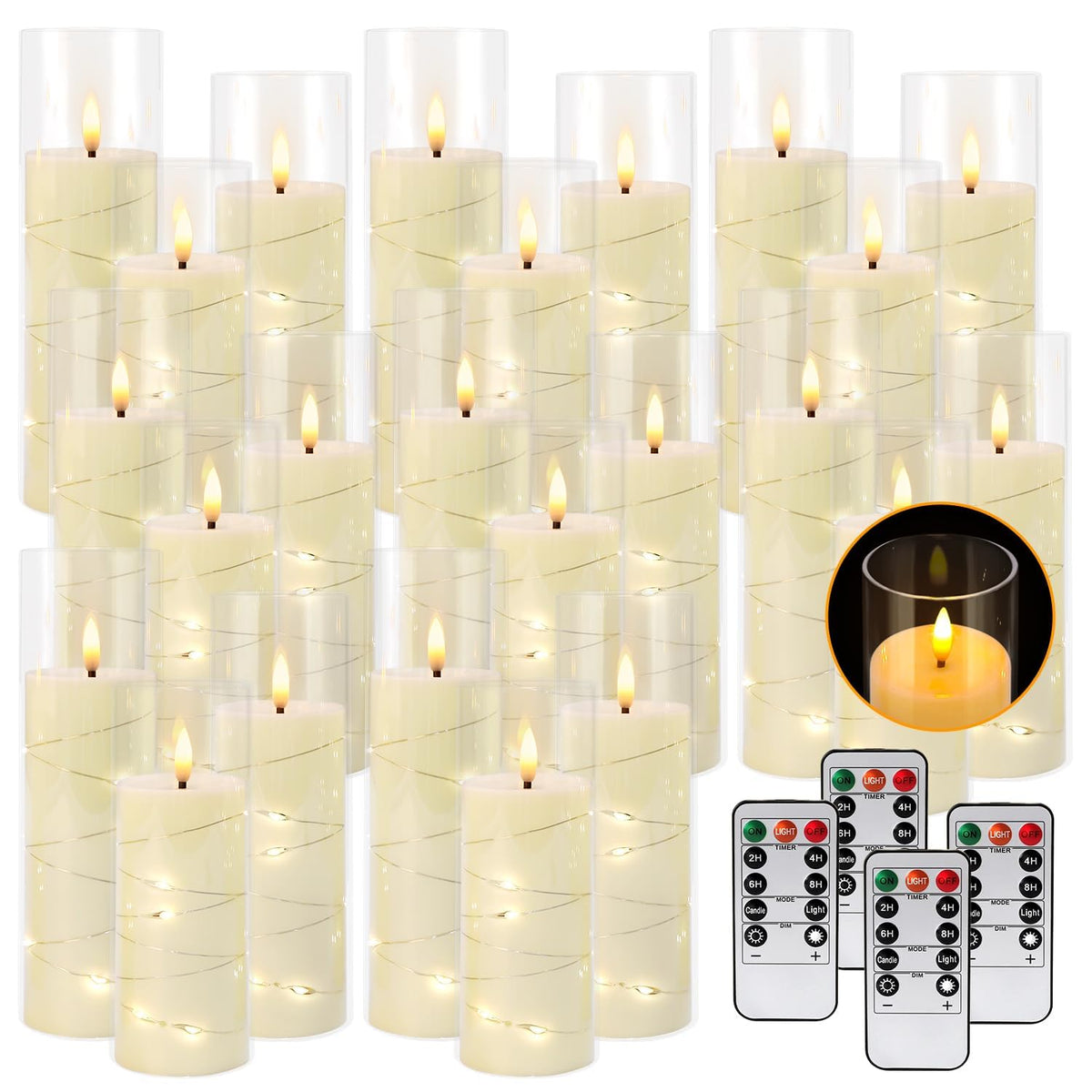 CAKETYCG 24 Pcs LED Flameless Candles with Remote, 3D Flickering Flame & LED String Lights, Acrylic Clear Cylinder, Timer Function, Romantic Ambience for Home Decor, Party, Wedding (Ivory).