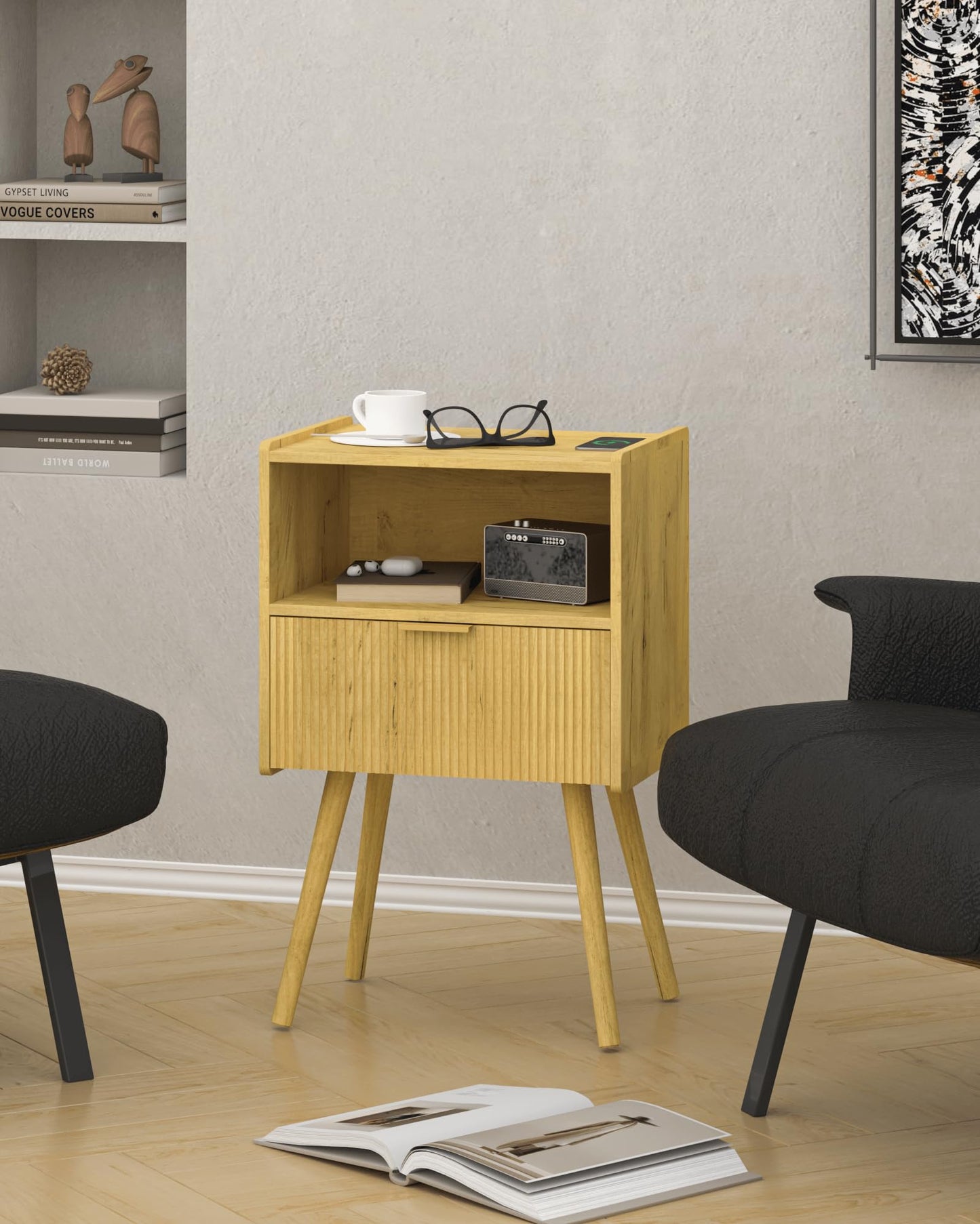 JOONEE Nightstand,Modern Bedside Table with Storage Drawer and Open Wood Shelf, for Living Room, Bedroom and Small Spaces, Accent Night Stand with Solid Wood Legs, Easy Assembly,Vintage Yellow Oak