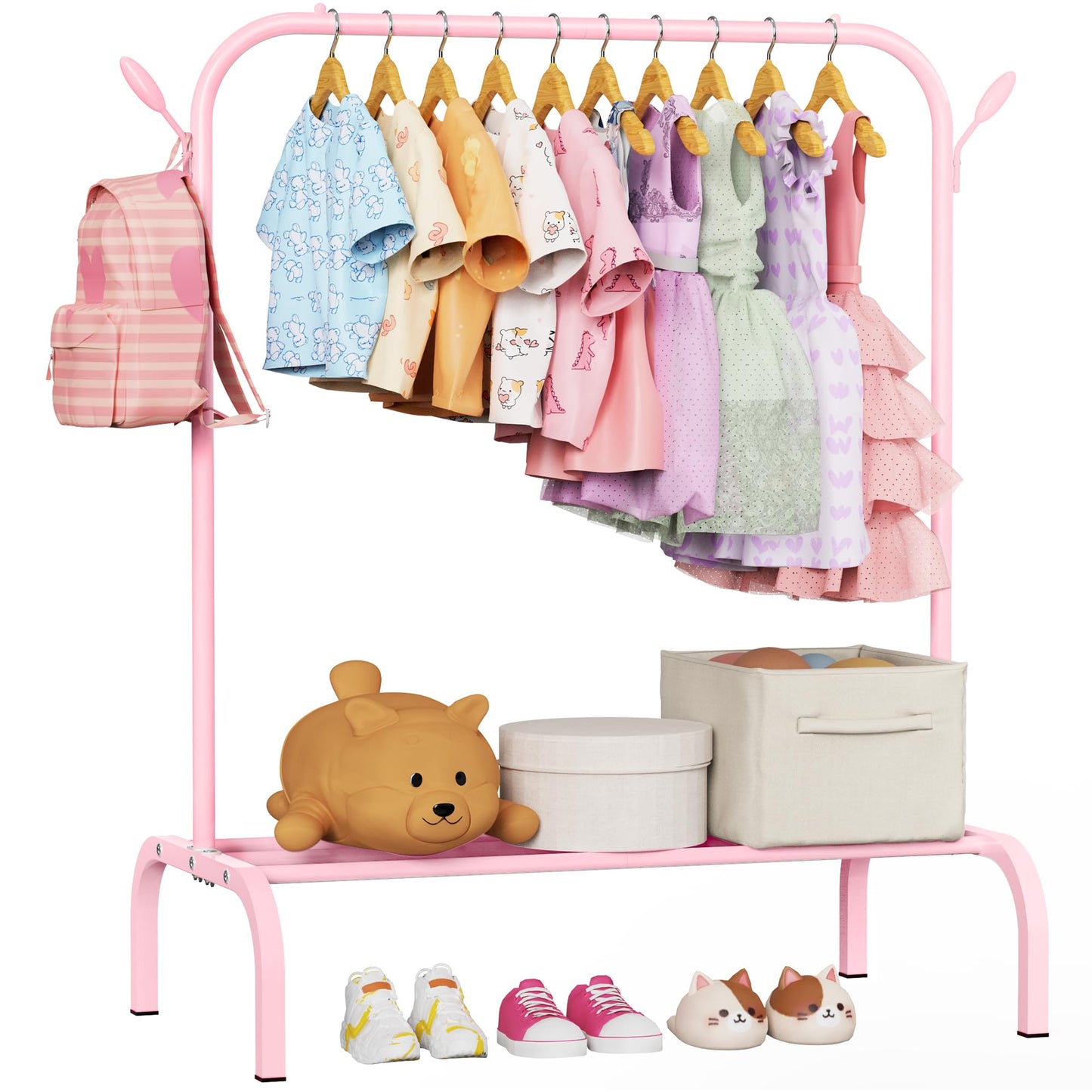 FLOUREE Kids Clothes Rack for Ages 3-6, Montessori Kids Clothing Rack with Bottom Shelf & Side Hooks, Toddler Wardrobe Rack for Bedroom, Playroom, Nursery and Small Room Storage, Pink