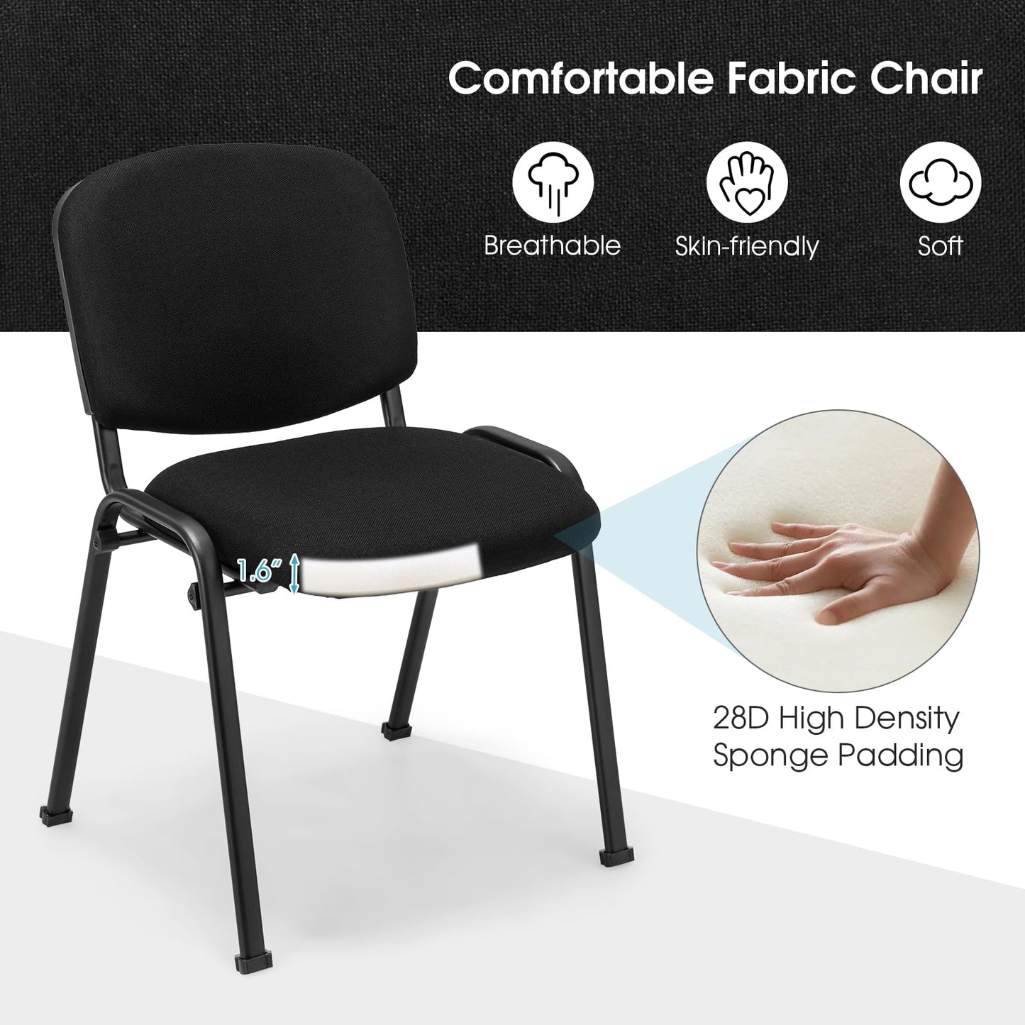 HOMGX 2 PCS Waiting Room Chairs, Stackable Office Guest Chair with Upholstered Back & Seat, Comfortable Conference Chairs for Meeting Room, Executive Chair Set No Wheels, Reception Chairs, Black