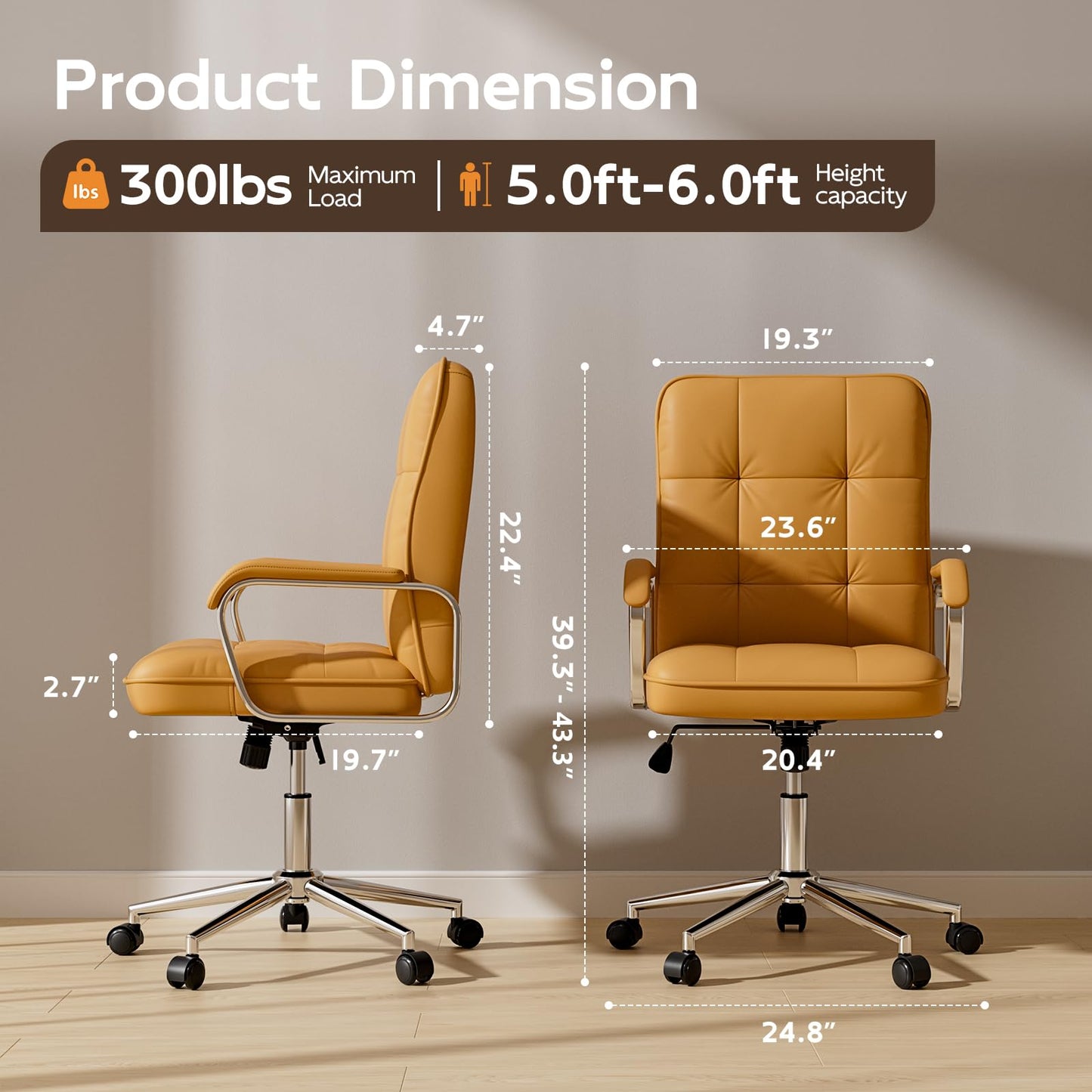 HomeZeer Brown Office Chair, Mid Back Leather Desk Chair with Wheels and Padded Arms, Swivel Vanity Chair for Bedroom, Computer Chair for Study and Work