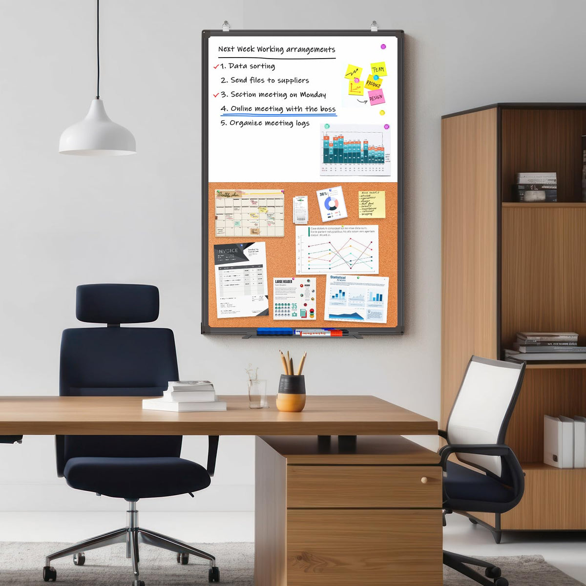 Magnetic White Board and Cork Board Combo, 36 X 24 inches Whiteboard Bulletin Combination Board, Wall Mounted Dry Erase Message Board for Home, School and Office, Black