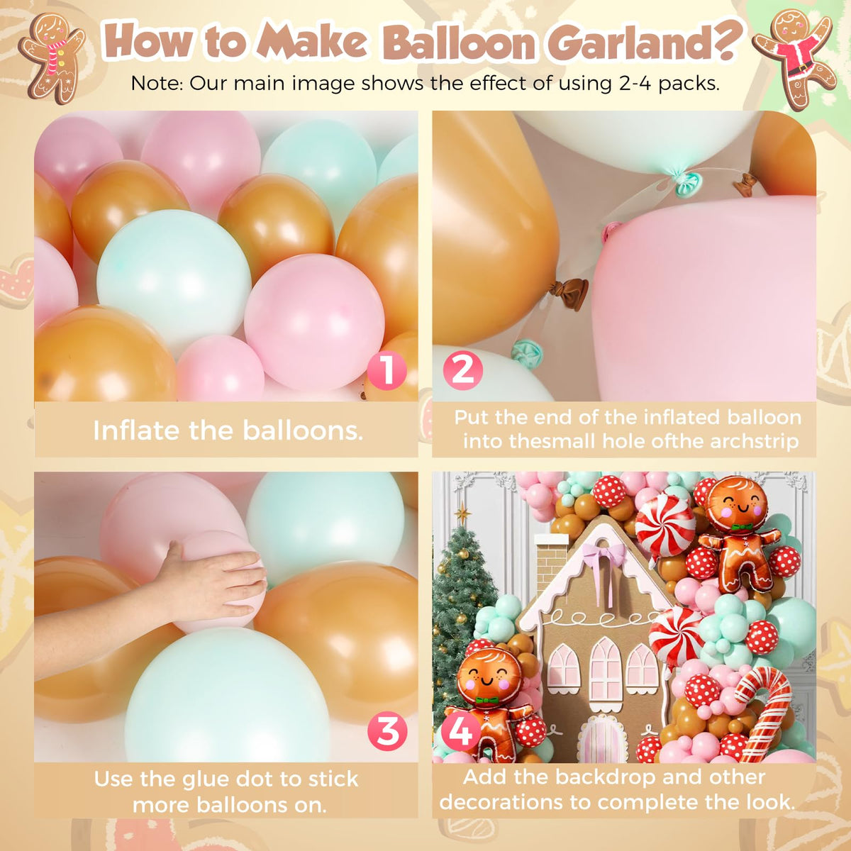 PTGOLUO 160Pcs Christmas Balloon Arch Garland Kit Xmas Pastel Pink Green Brown Latex Balloons Gingerbread Man Candy Cane Foil Balloons Arch Kit for Christmas New Year Party Birthday Party Decorations