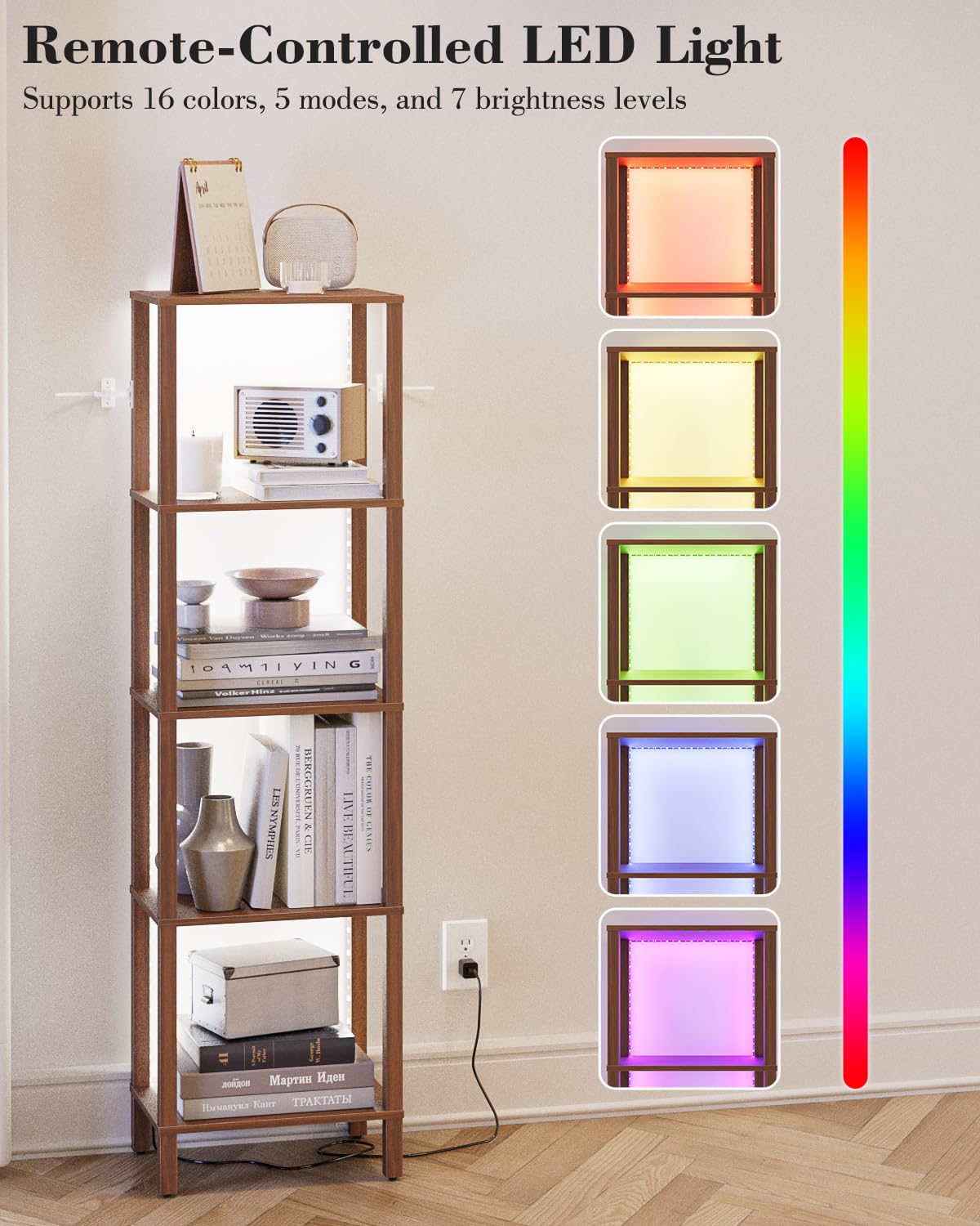 Apetaccat Open Book Shelf with LED Lights, 5 Tier Tall Bookshelf, Freestanding Shelf Narrow Bookcase with Open Shelves, 14.96" x 10.63" x 53.54", Book Shelves for Living Room, Office, Study, Walnut