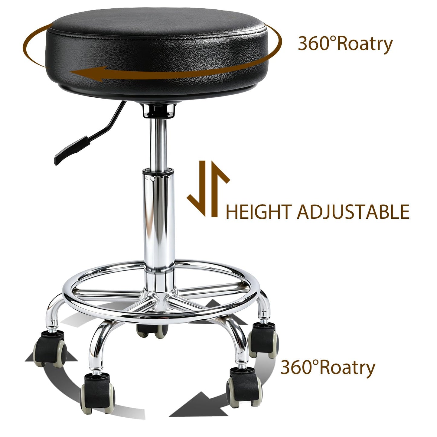 Rolling Stool with Wheels, Thick 7.5cm Cushion Professional Swivel Drafting Stool, Height Adjustable Heavy Duty 500 lb Stool with Silent Casters and Foot Ring for Salon Tattoo Clinic Home Office