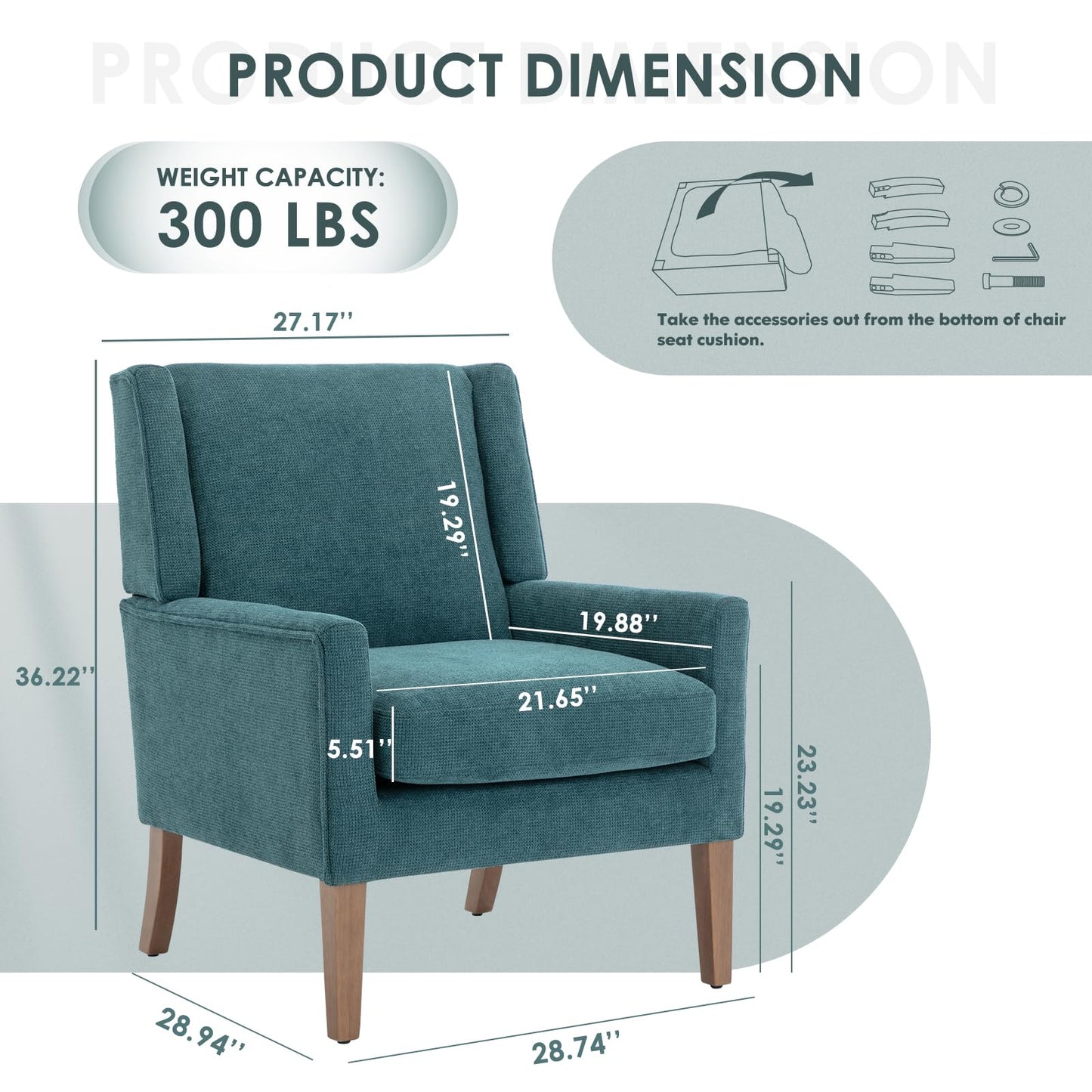 COLAMY Modern Wingback Living Room Chair, Upholstered Fabric Accent Armchair, Single Sofa Chair with Lounge Seat and Wood Legs for Bedroom/Office/Reading Spaces, Teal