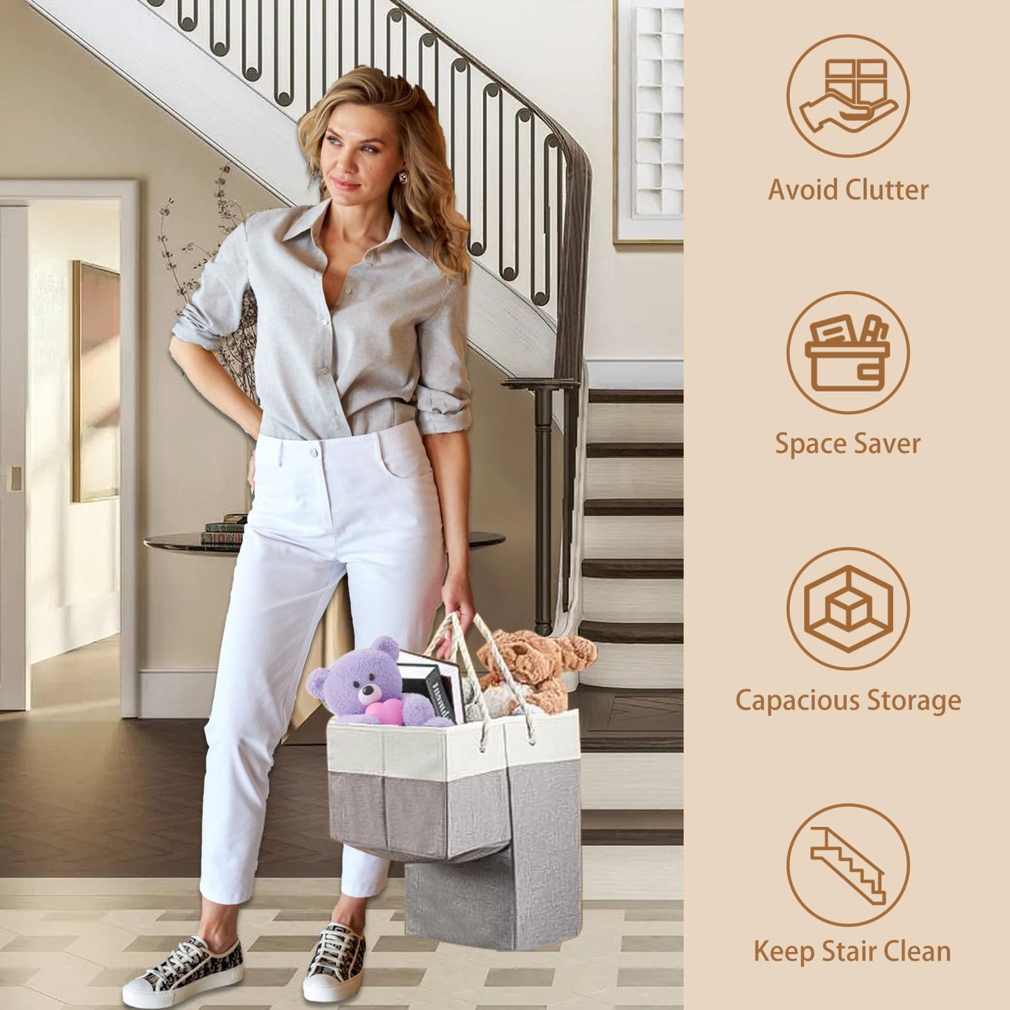 Gachiwar Stair Basket, 16 x 10 x 8 Inches Stair Basket for Stairs with Handle, Clothes Storage Bins, Foldable Staircase Storages Organizer, Versatile Sturdy Bag for Toys, Clothes, Books, Tools (Gray)