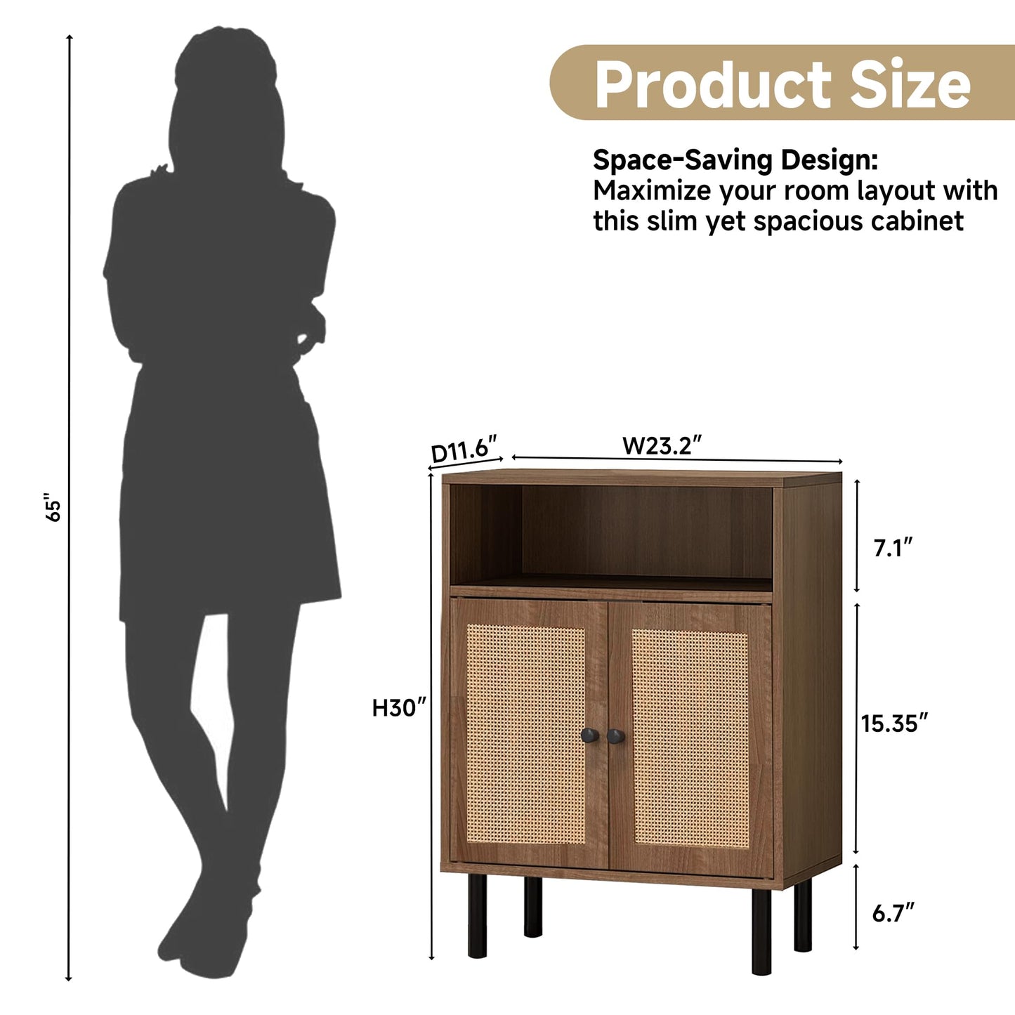 DongRong Rattan Storage Cabinet, Boho Accent Cabinet with Double Doors, Small Freestanding Sideboard for Hallway, Laundry Room,Kitchen, Dining Room, Entryway (Walnut)