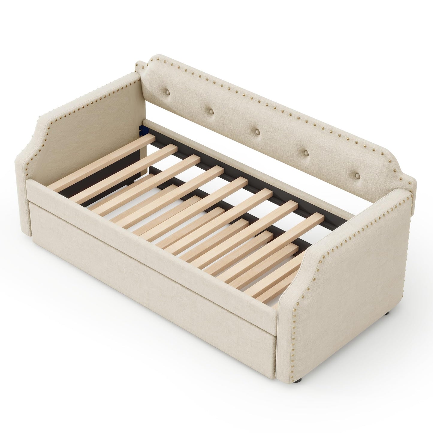 Upholstered Daybed with Trundle, Daybed Couch with Nailhead Decor and Button Tufted Design, Trundle Day Bed with Wood Slat Support, Mid Century Daybed for Living Room, Bedroom, Both Twin Size (Beige)