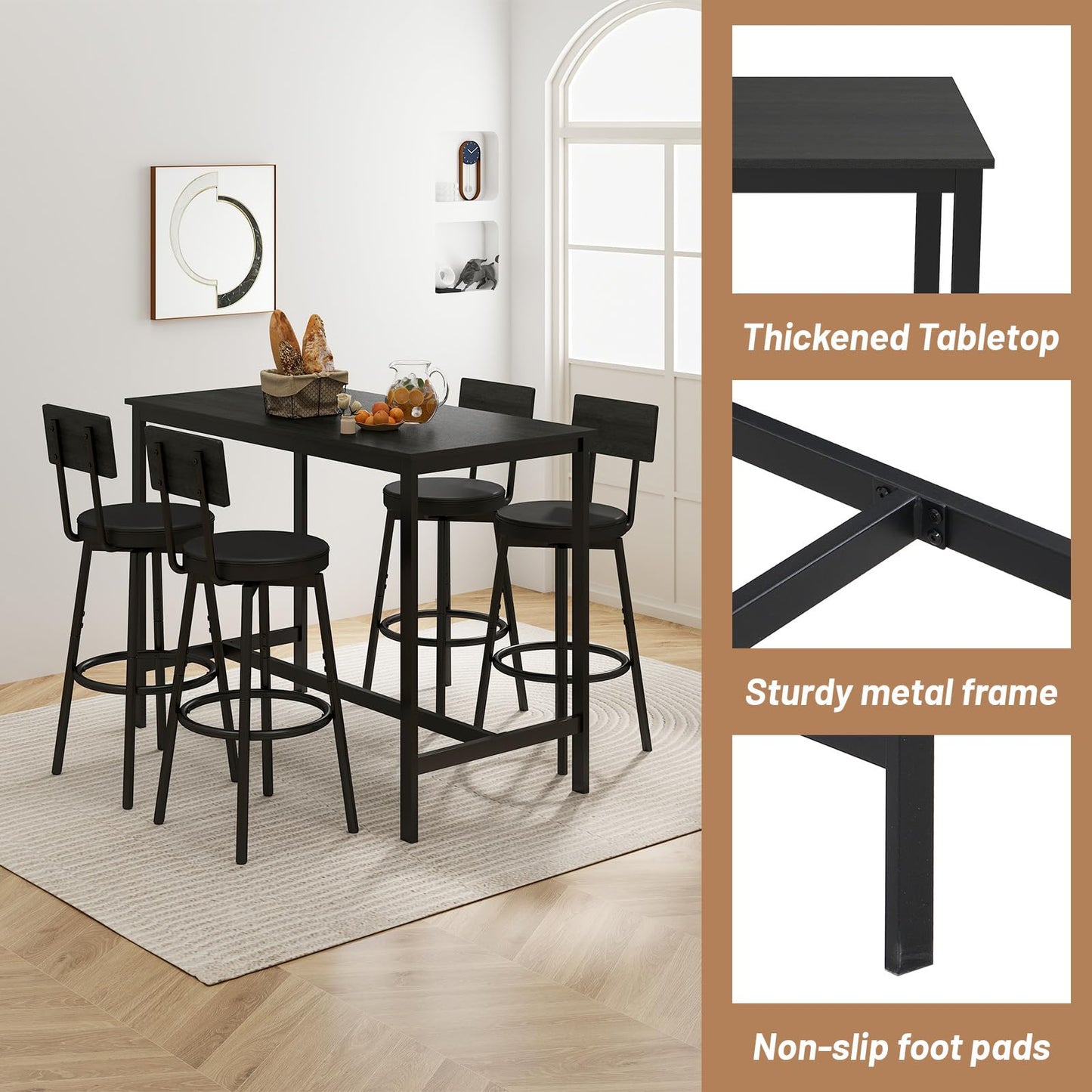 Zevemomo 5-Piece Dining Table Set, Bar Table Set for 4, Kitchen Table and Chairs, Counter Height High Top Table with 4 PU Upholstered Stools, Space-Saving Pub Table Sets for Small Space, Black