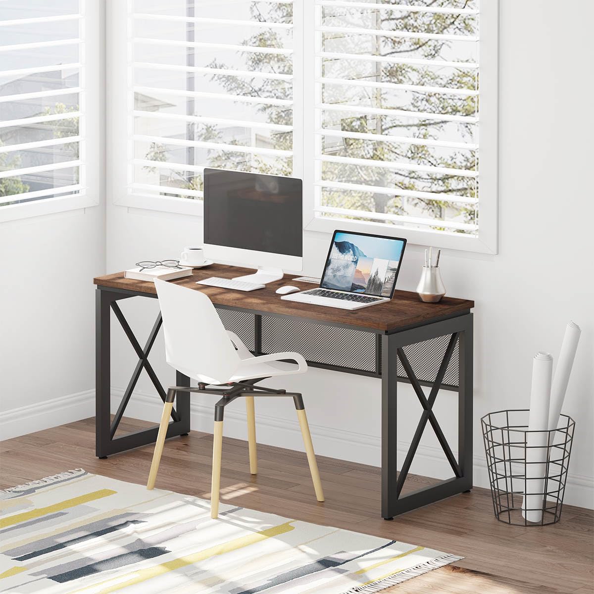BON AUGURE 60 Inch Computer Desk for Home Office, Industrial Metal Wood Desks, Farmhouse Large Writing Table, Modern Sturdy Gaming Desk (Rustic Oak)