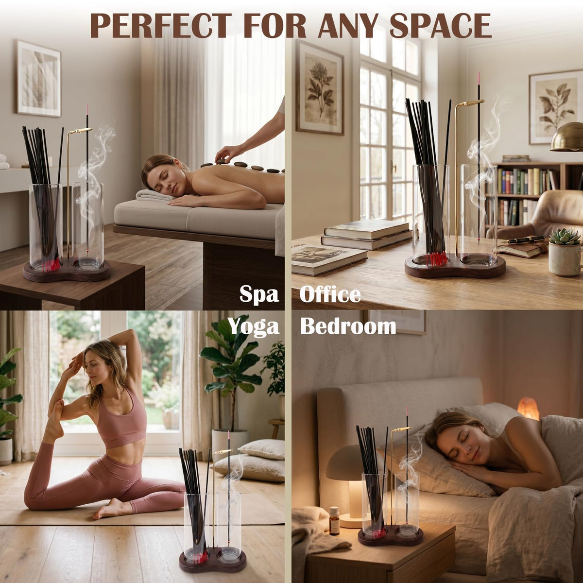 2 in 1 Mess-Free Hanging Incense Holder for Sticks, Anti-Ash Glass Incense Burner with Wooden Tray, Vertical Brass Stand Catcher, Aesthetic Zen Room Decor for Aromatherapy and Meditation