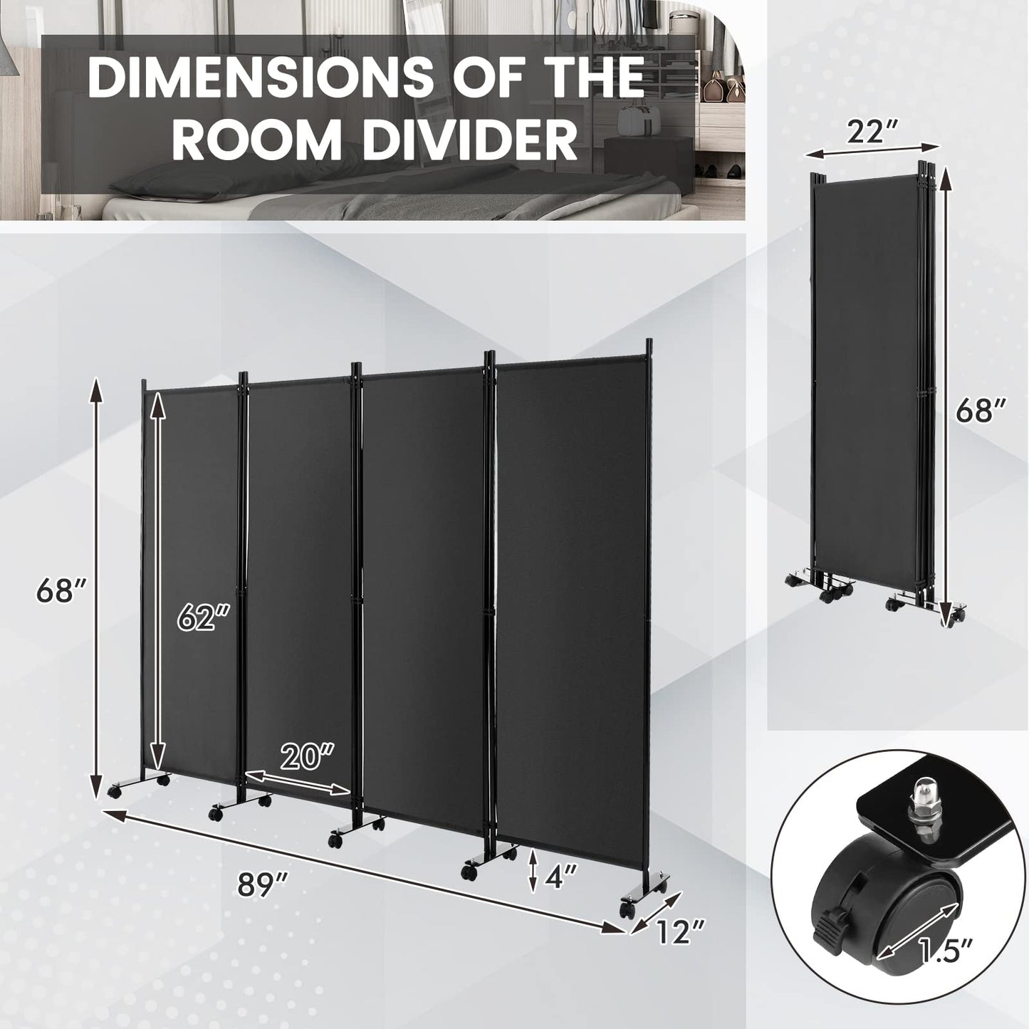 Giantex 4 Panel Room Divider, Folding Privacy Screen with Lockable Wheels, Rolling Partition Room Dividers, Freestanding Fabric Wall Divider for Home Office Studio Separation, 89''W x 68''H, Gray