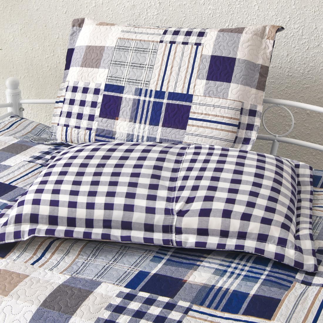 Jarson 3 Pcs Plaid Daybed Cover Set Twin Size Navy White Brown Sofa Cover Double Side Bed Set Classic Patchwork Bedding Sets Daybed Quilt Set with Pillow Shams