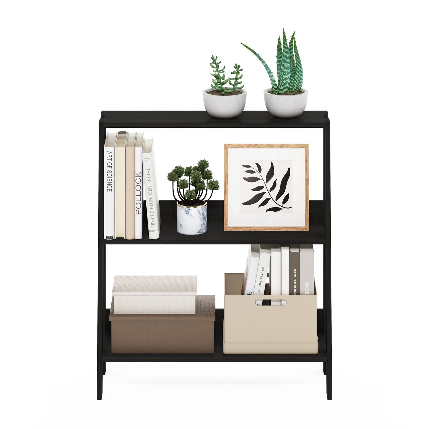 Furinno Ladder Book Shelf, 3-Tier Ladder Shelf, Open Design Bookshelf, Display Storage Bookcase, 9.3" x 23.6" x 27", Living Room, Home Office, Espresso