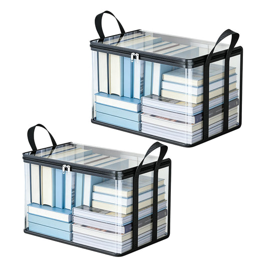 2-Pack Large Clear Book Storage Bags - Waterproof Plastic Comic Book Bin with Carrying Handles - Portable Book Display Case & Closet Organizer for Used Books, DVDs and Magazines - 15" x 9.5" x 12.5"