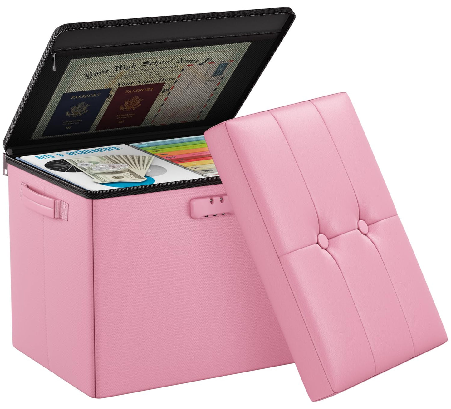 DocSafe Storage Ottoman Foot Rest Stool with Lock ＆ Handles, Fireproof Folding Leather Footstool Bench with Storage Safe for Living Room Bedroom, Home Office, Dorm, 17x13x13in, Pink