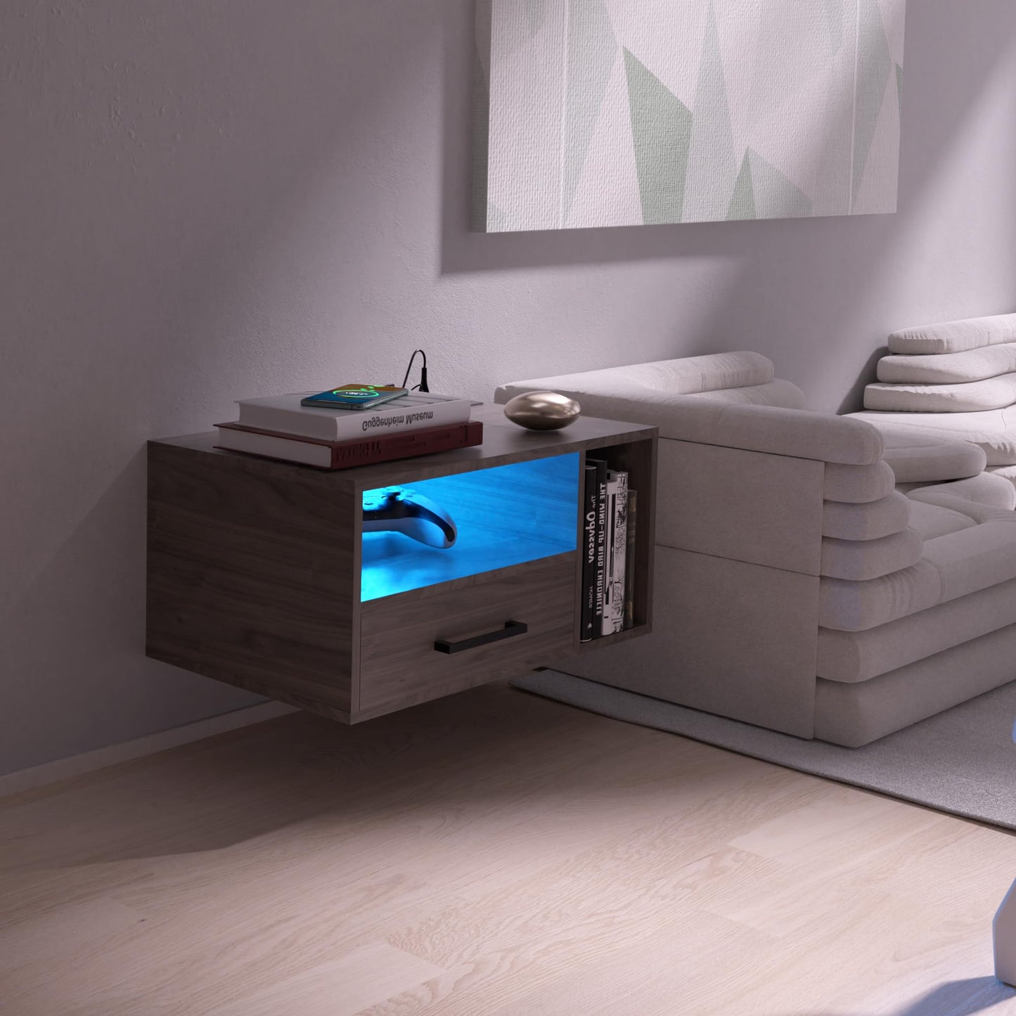 Bloddream Floating Nightstand with Charging Station and LED Light Strips, 21.3" Night Stand with Drawers, Floating Bedside with USB Ports and Outlets, Bedroom Furniture
