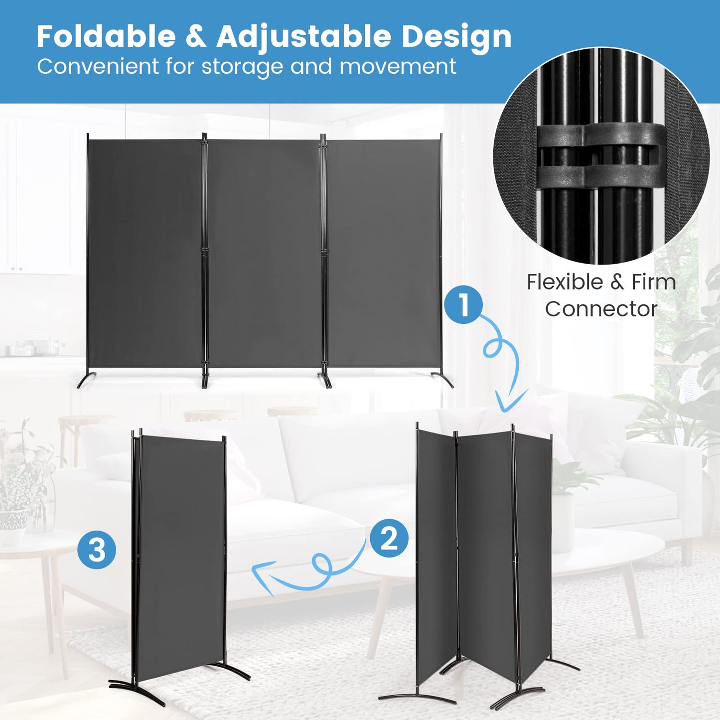 Giantex 6 Ft Tall 3 Panel Room Divider Black, Lightweight Portable Folding Privacy Screen, Freestanding Partition Wall Divider and Separator for Bedroom Home Office Apartment Studio
