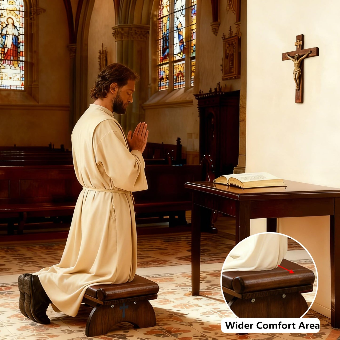 DOLEMODUO Prayer Kneeler Bench, Wooden Prayer Bench with Detachable Soft Cushion, Sturdy Home Kneeling Stool for Worship, Multi-Functional as Yoga Bench/Shoe Bench/Sofa Bench