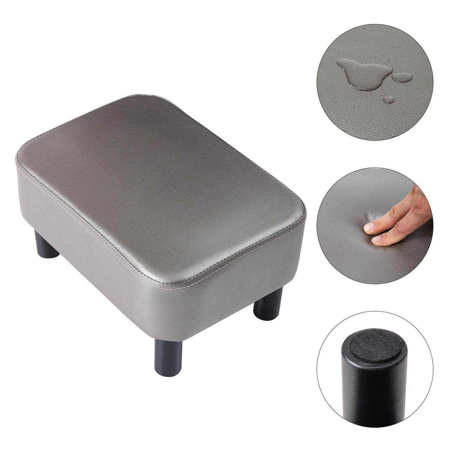IBUYKE 16.54" Small Footstool, PU Faux Leather Step Stool, with Padded Seat Pine Wood Legs and Padded Rectangular Stool, for Bedroom, Gray RF-BD211