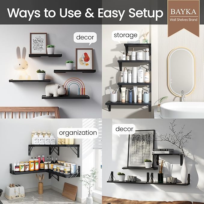 BAYKA Wall Mounted Floating Bathroom Shelves, Wood Wall Shelf
