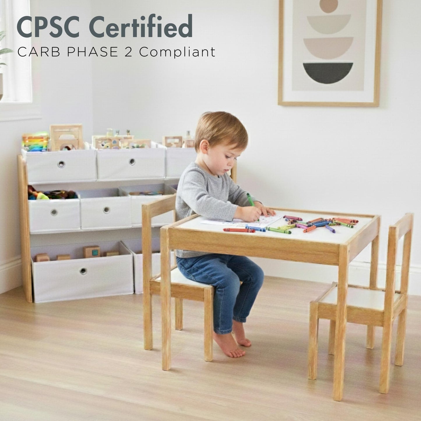Humble Crew Journey Playroom in a Box, Kids 9 Bin Toy Organizer and 3pc Wood Table and Chair Set, Natural/White