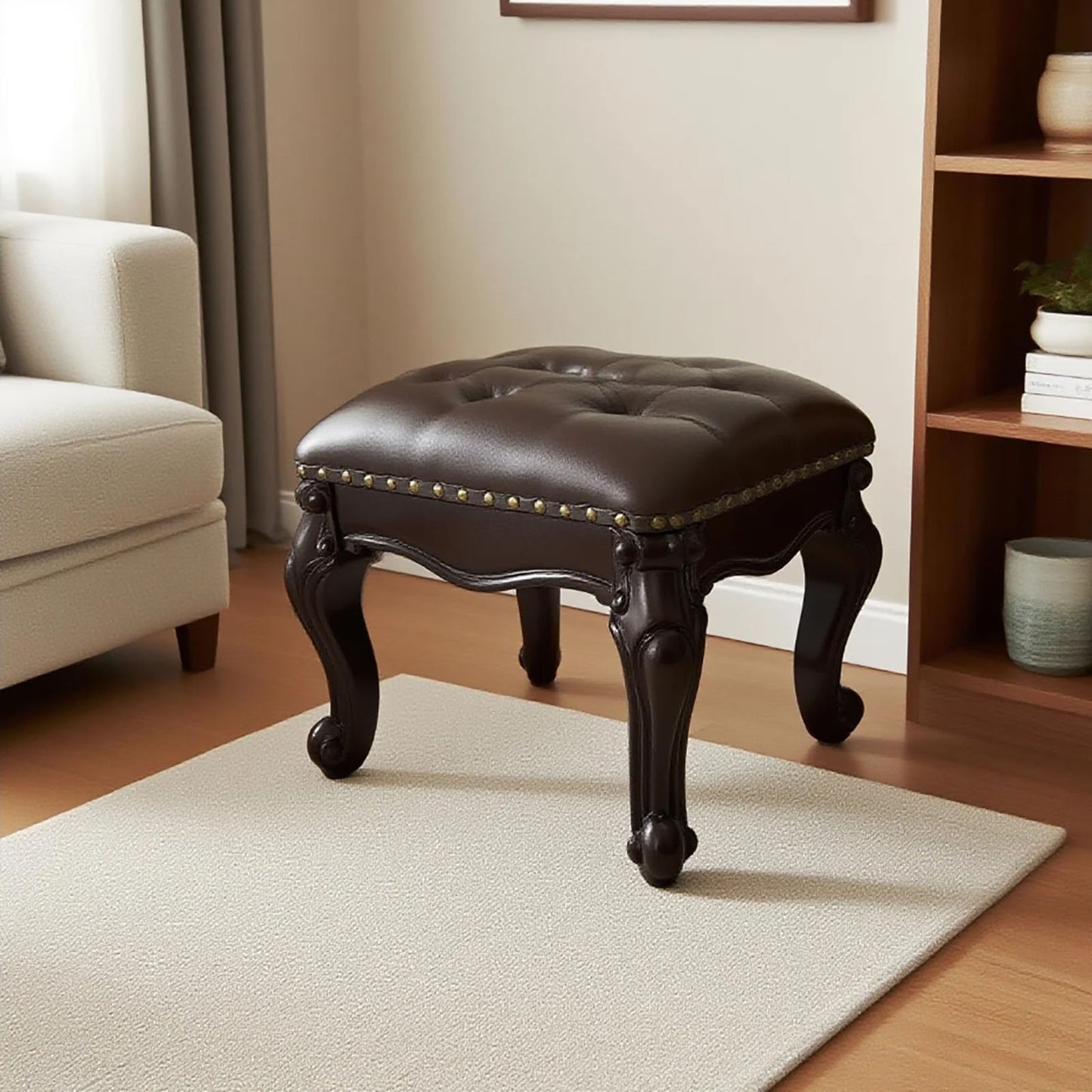 GHBRHBJ Leather Foot Stool,Vintage Footstools,Wooden Footrest,Upholstered Foot Rest for Living Room,Sofa,Entryway (Walnut)