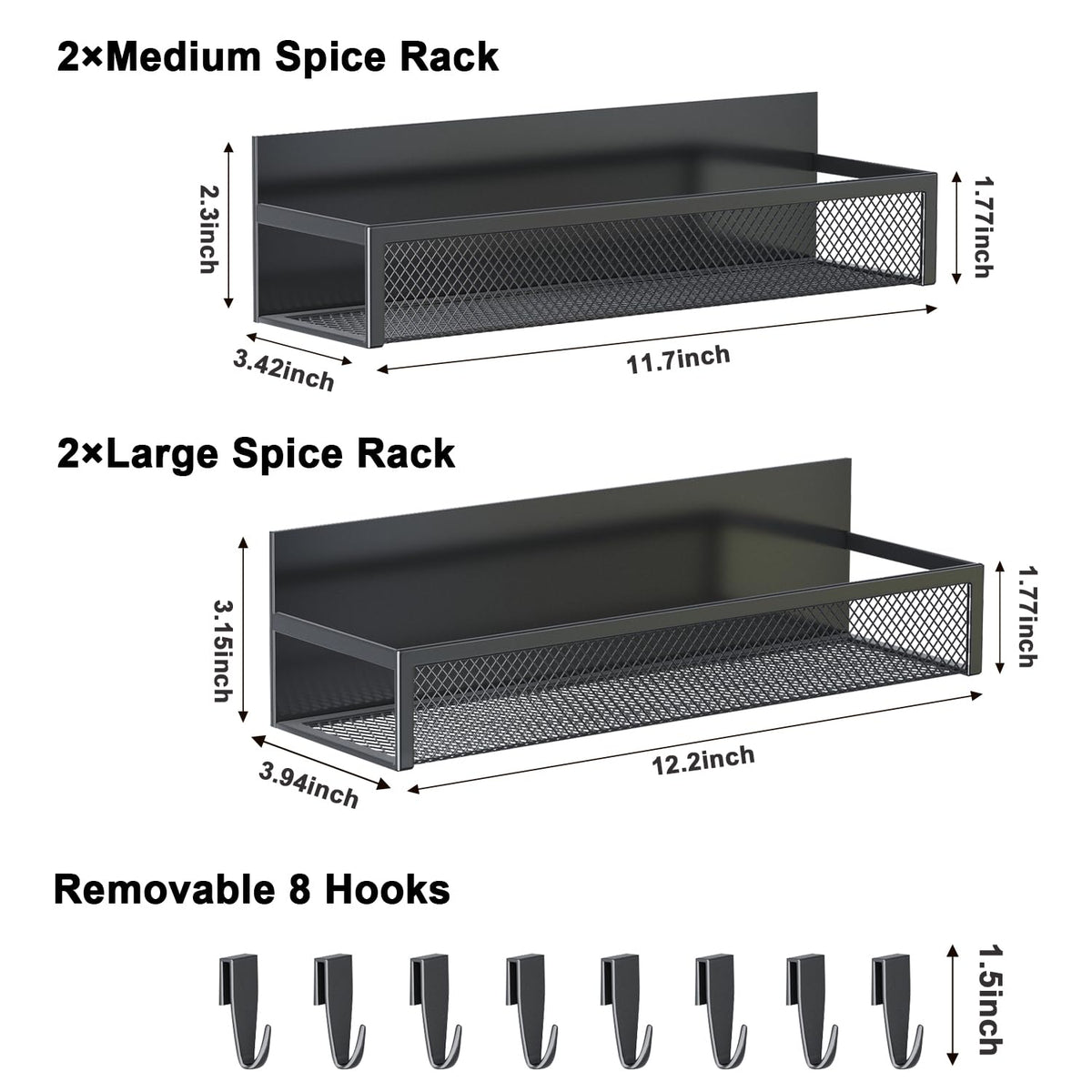 Aufworld Magnetic Spice Rack for Refrigerator, 4 Pack Magnetic Shelf, Fridge Magnet Organizer with Moveable 8 Hooks, Magnetic Fridge Shelf for Kitchen Organization and Storage (4 Pack)