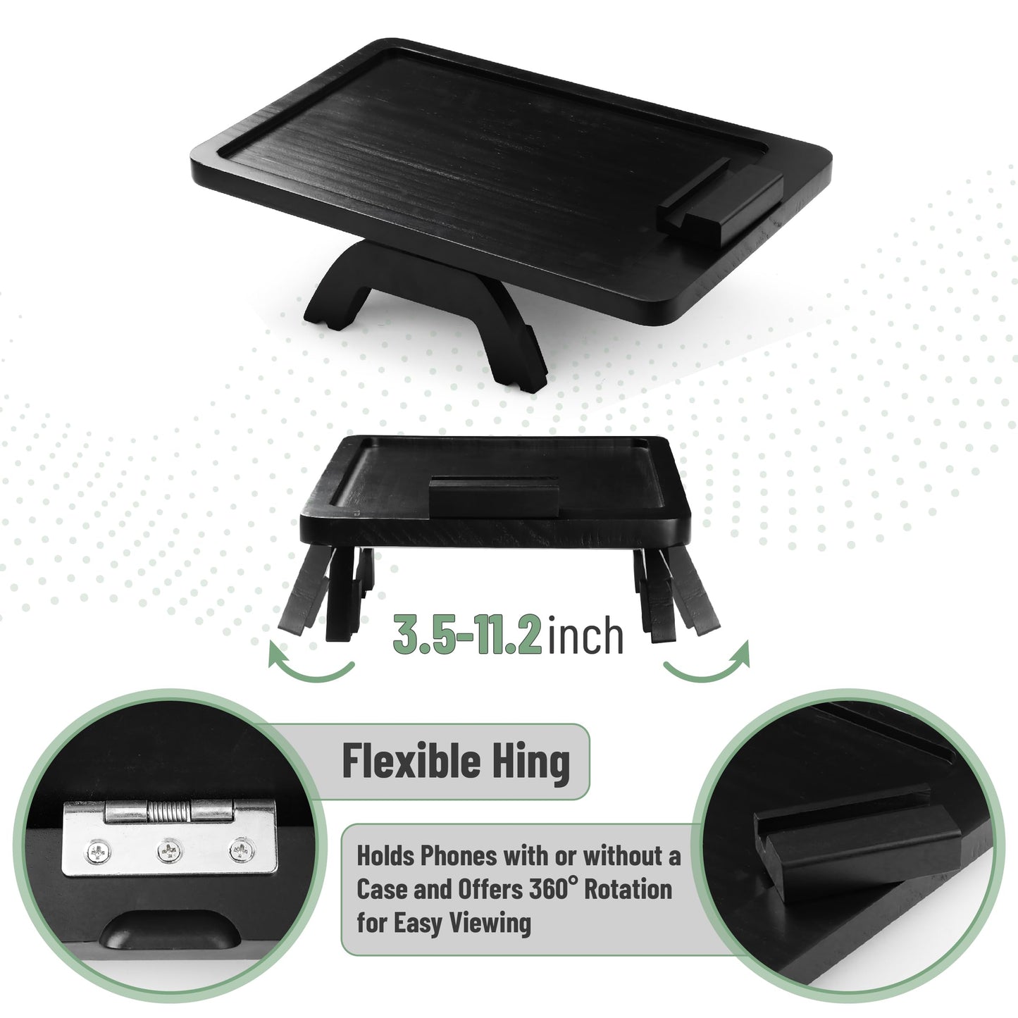 BAMBOO LAND- Couch Arm Tray, Wooden Folding Couch Armrest Table, Black, Rectangular Clip-On Sofa Arm Tray with 360° Rotating Phone Holder