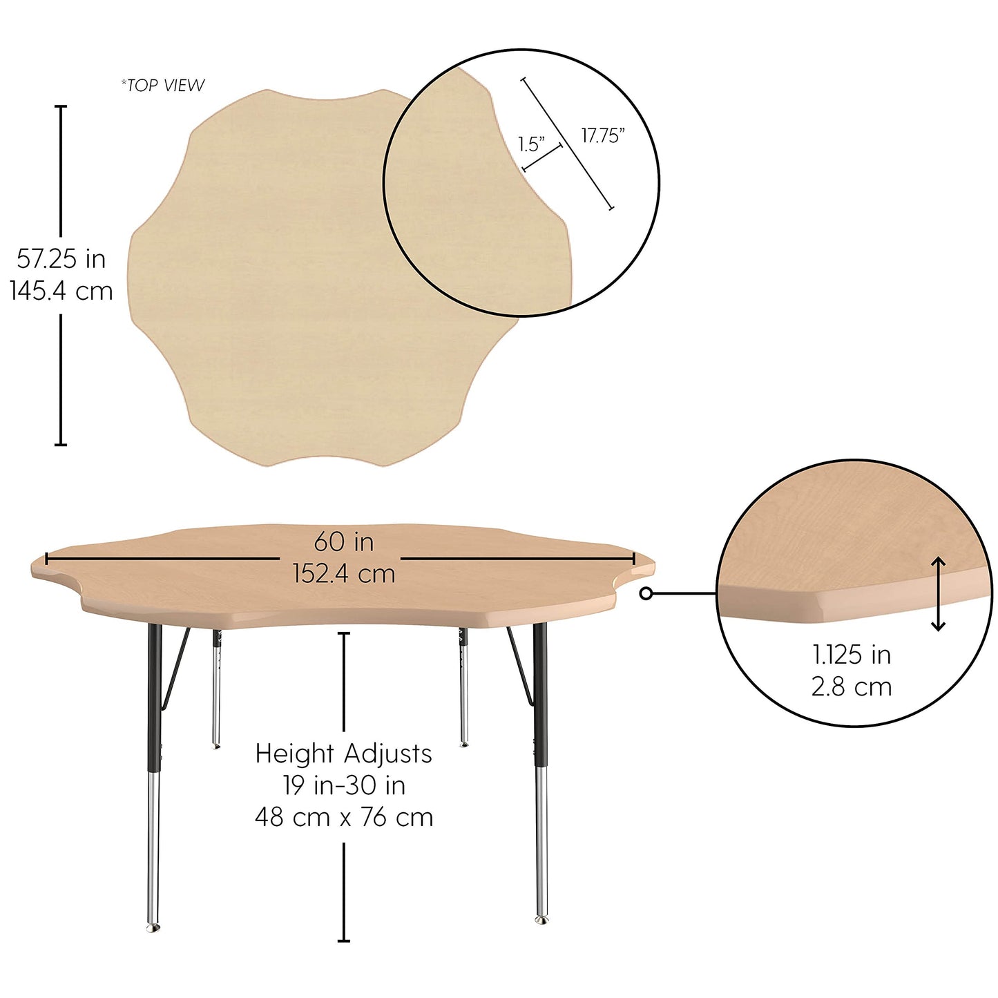 FDP Flower La Madera Flower Activity Table (60 inch), Standard Legs with Swivel Glides, Adjustable Height 19-30 inches Modern Professional Woodgrain Laminate Tabletop - Gray Wood/Black